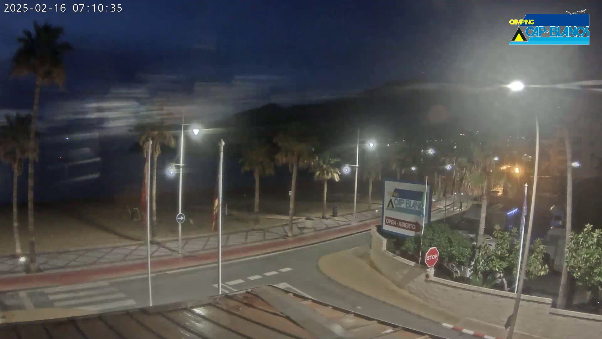 A nighttime view of a beachside road lined with palm trees under a partly cloudy sky, with streetlights illuminating the scene.