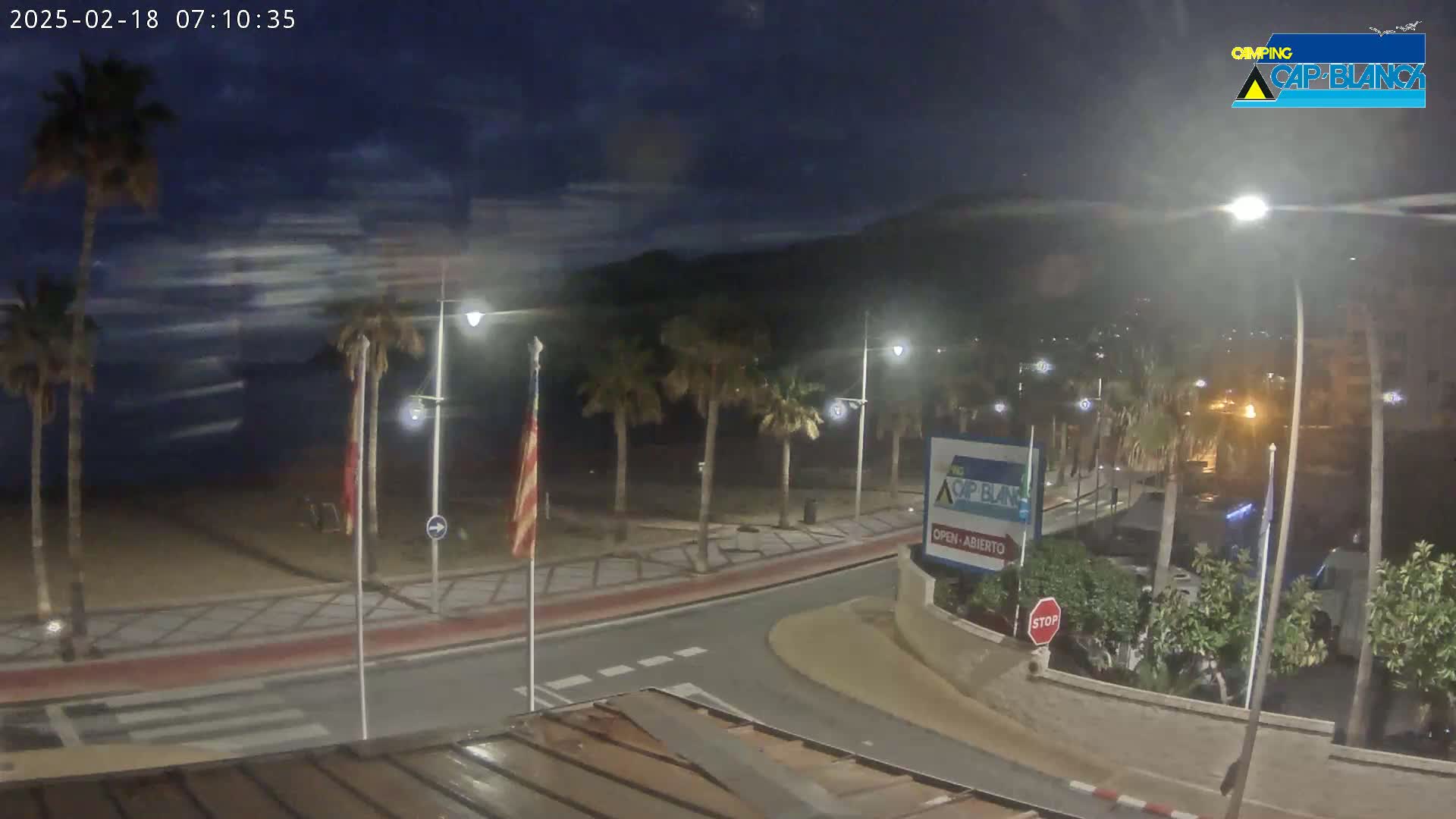 A nighttime coastal scene shows a sandy beach, palm trees lining a paved walkway beside a road curving toward a building, under a mostly clear, dark sky.
