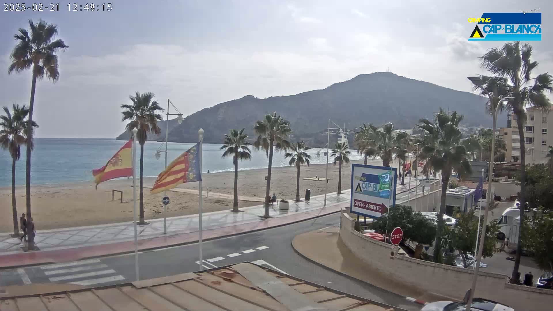 A sandy beach with palm trees and a calm sea is seen under a mostly cloudy sky, next to a paved walkway and buildings.