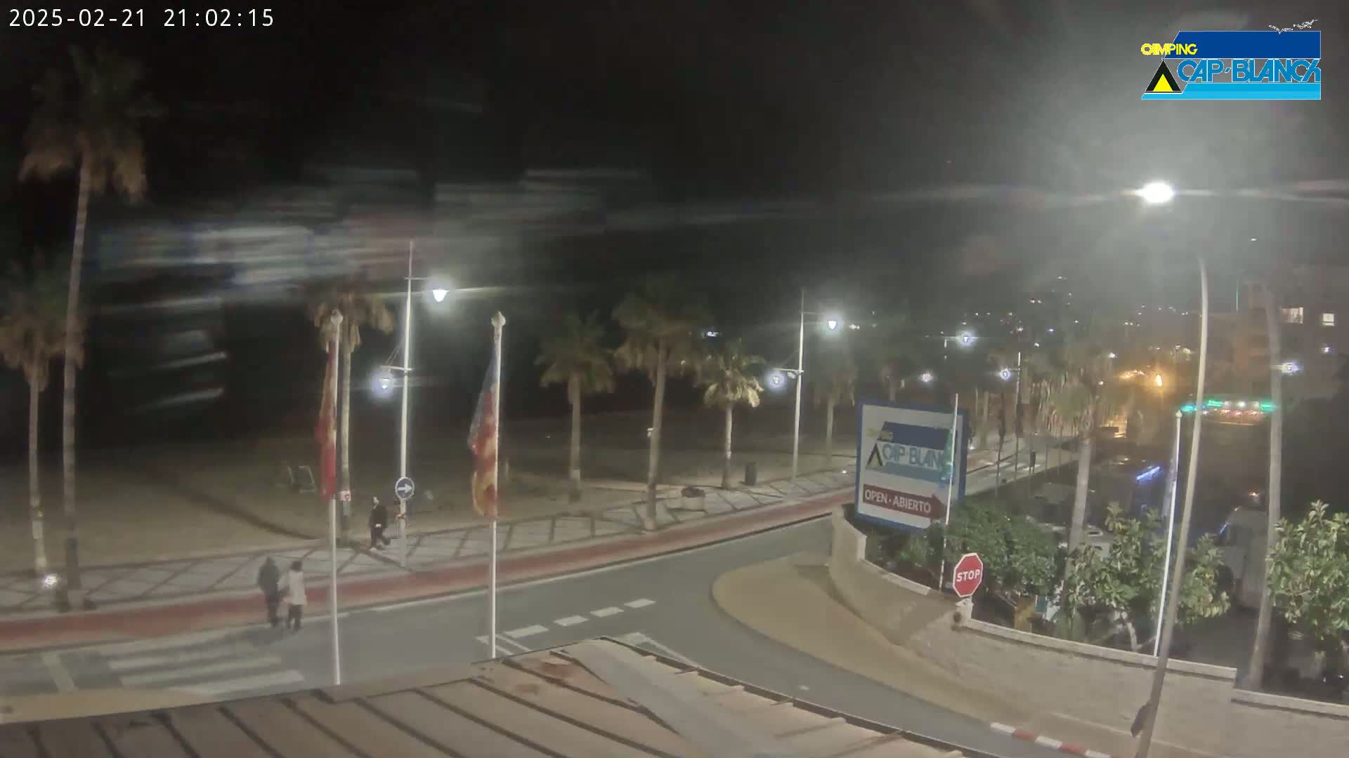 A nighttime, slightly blurry view of a beachside promenade with palm trees, streetlights, and a few people walking, under a dark, possibly windy sky.