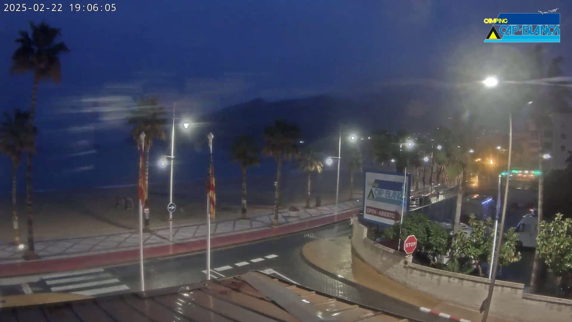 A nighttime coastal scene shows palm trees lining a wet roadway next to a beach under a dark, stormy sky.