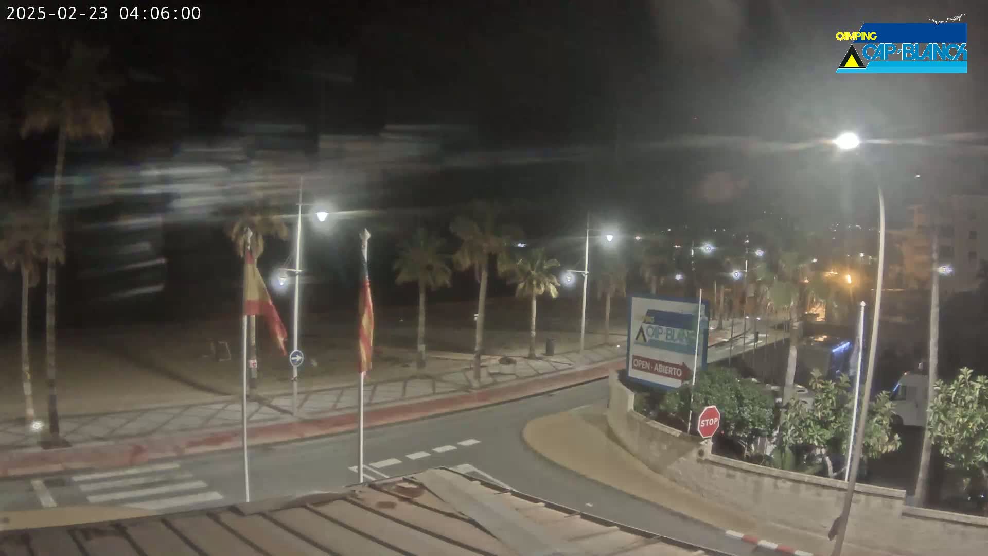A nighttime, windy scene shows a palm-lined street curving toward a beach, with streetlights illuminating the area.