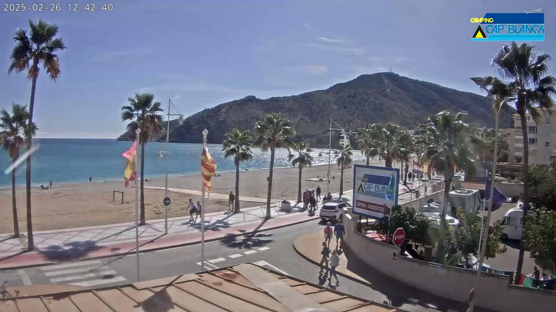 A sandy beach with palm trees and people walking along a promenade, overlooking a calm sea under a sunny sky, with a mountain in the background.