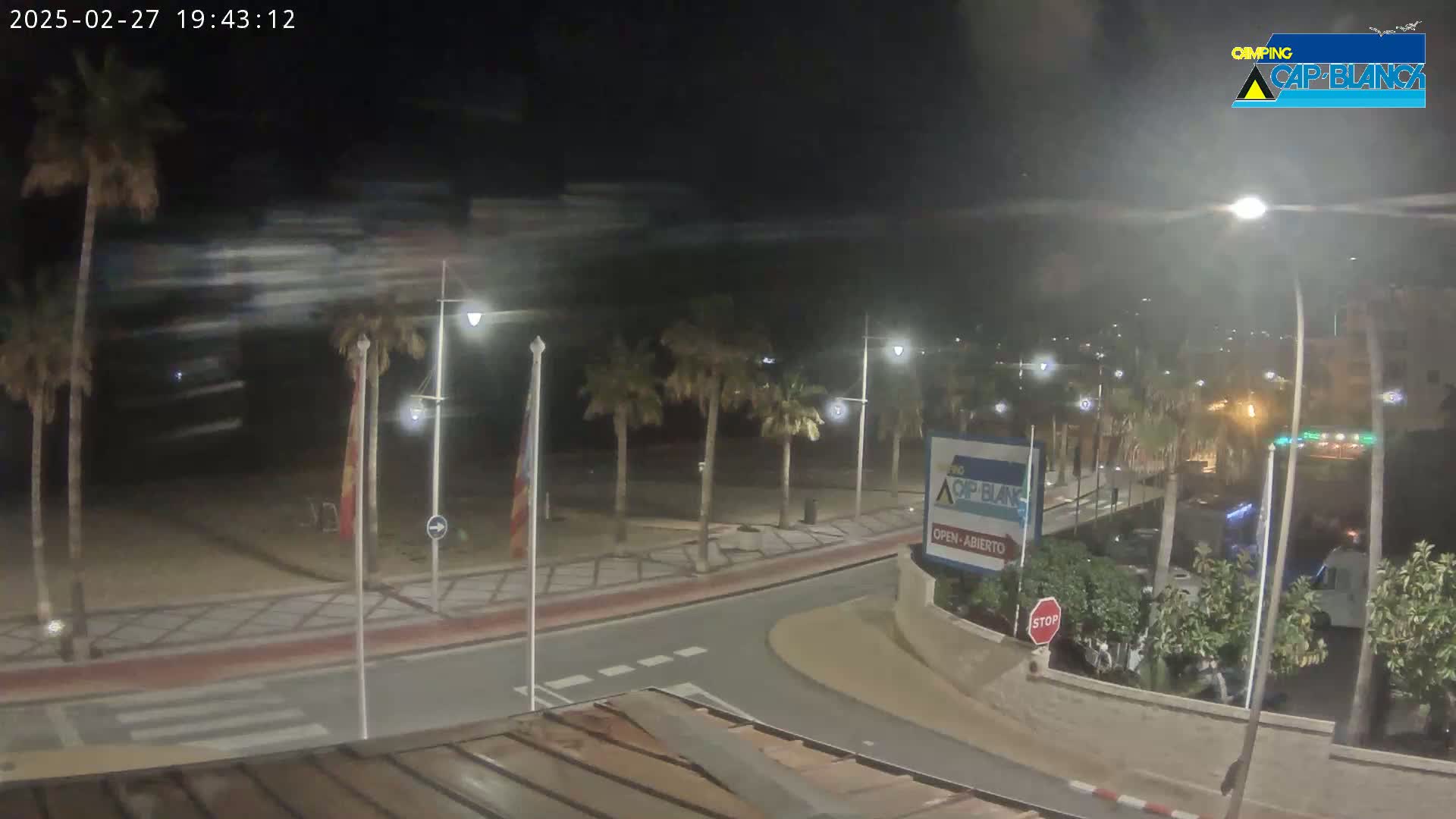 A nighttime, slightly blurry view of a palm-tree lined beachfront road curving toward a parking area, with a faint indication of wind.