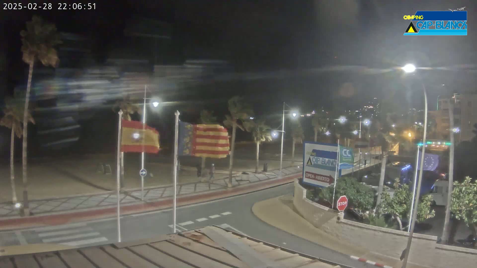 A nighttime, windy scene shows a beachfront promenade with palm trees, flags, and streetlights, with a sandy beach visible in the background.
