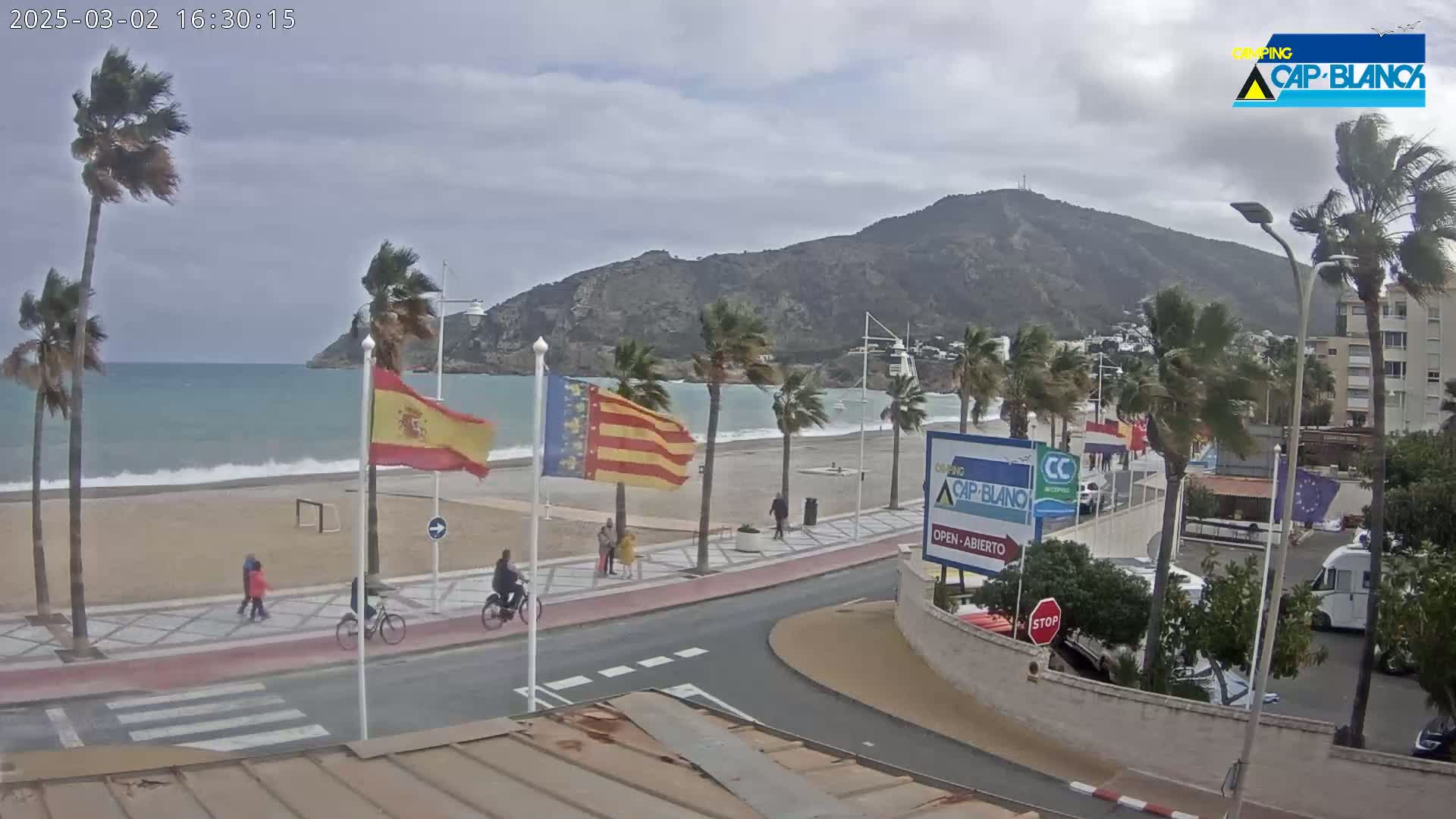 A windy beach scene shows palm trees bending in the breeze, a sandy beach with a few people walking and cycling, and a mountain in the background.