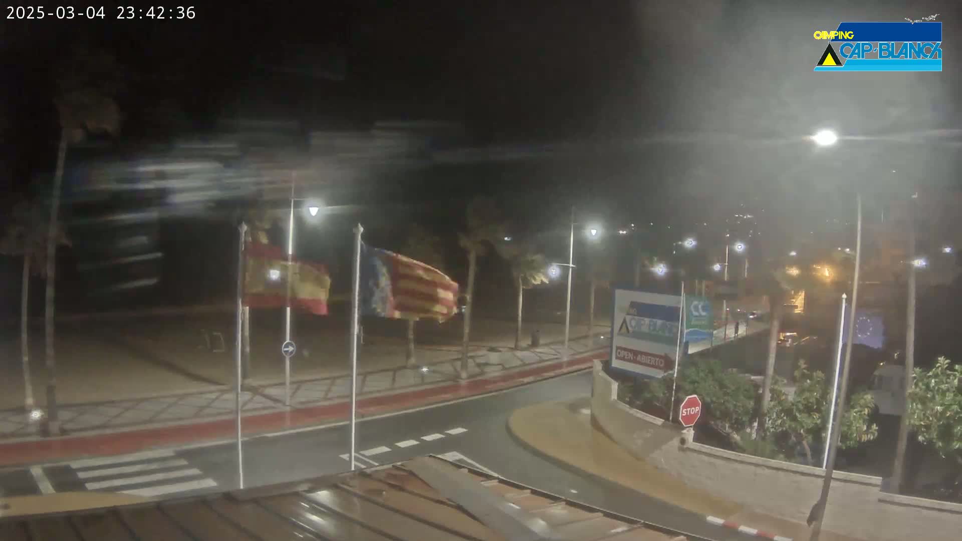 A nighttime, windy scene shows a coastal road curving around a palm tree-lined area with flags waving and streetlights illuminating a wet road surface.