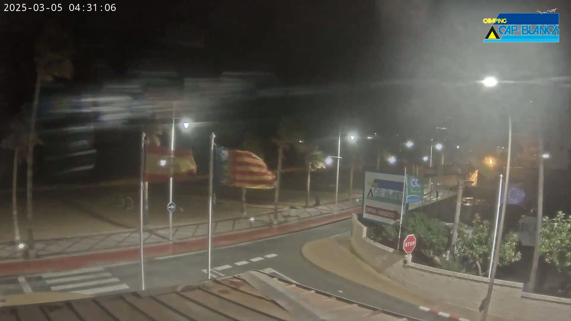 A nighttime, windy scene shows a beachside road with palm trees and flags blowing in the wind, under dimly lit streetlights.