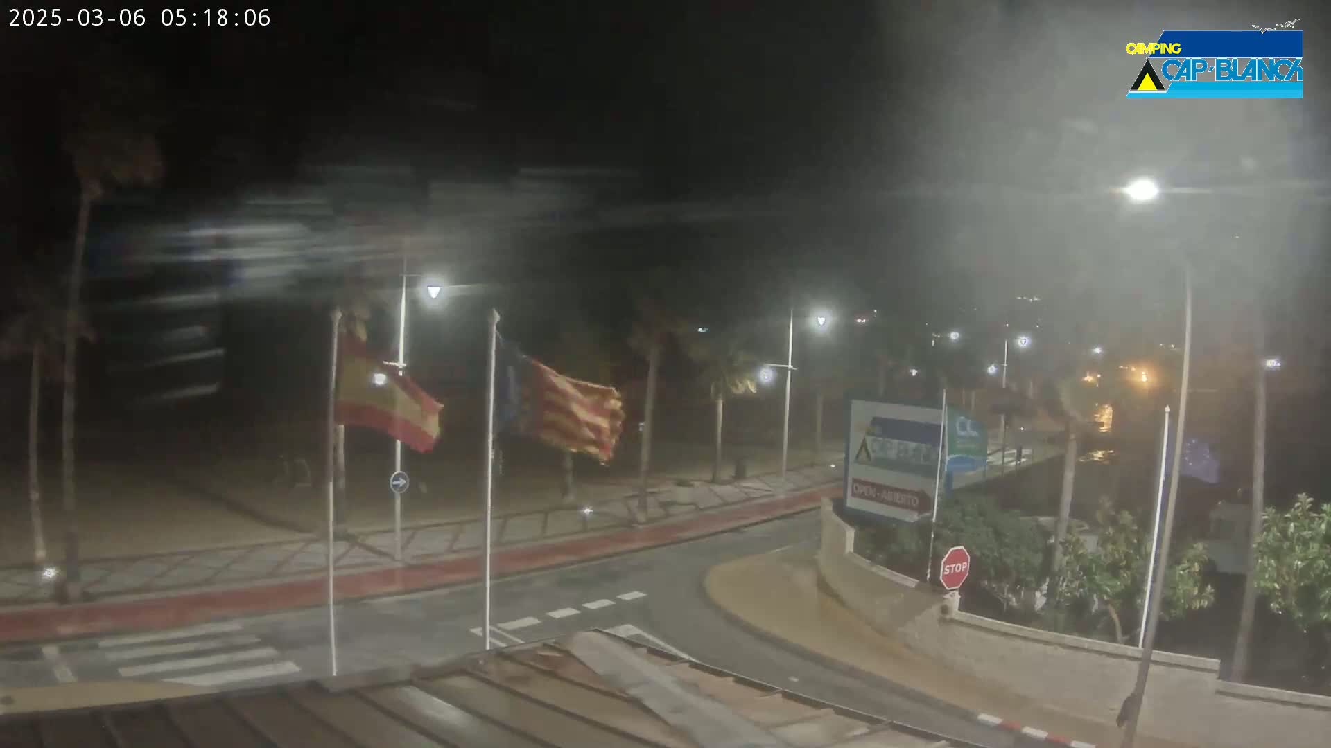 A nighttime, windy scene shows a beachfront road with flags blowing, palm trees, and streetlights illuminating a wet street.