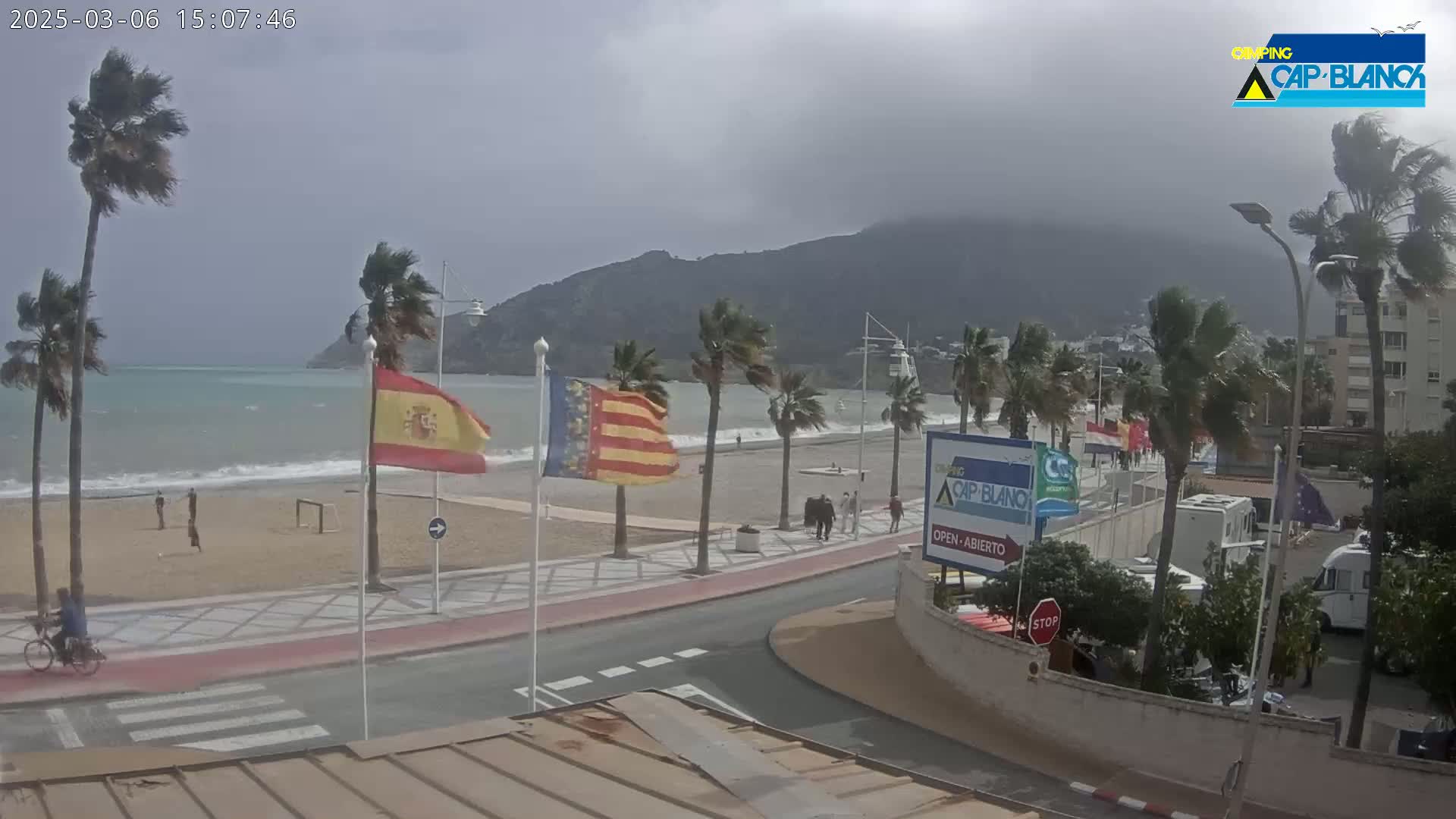 A windy day at a beach shows palm trees bending in the breeze, waves crashing on the shore, and people walking along a paved beachfront path near a mountain in the background.
