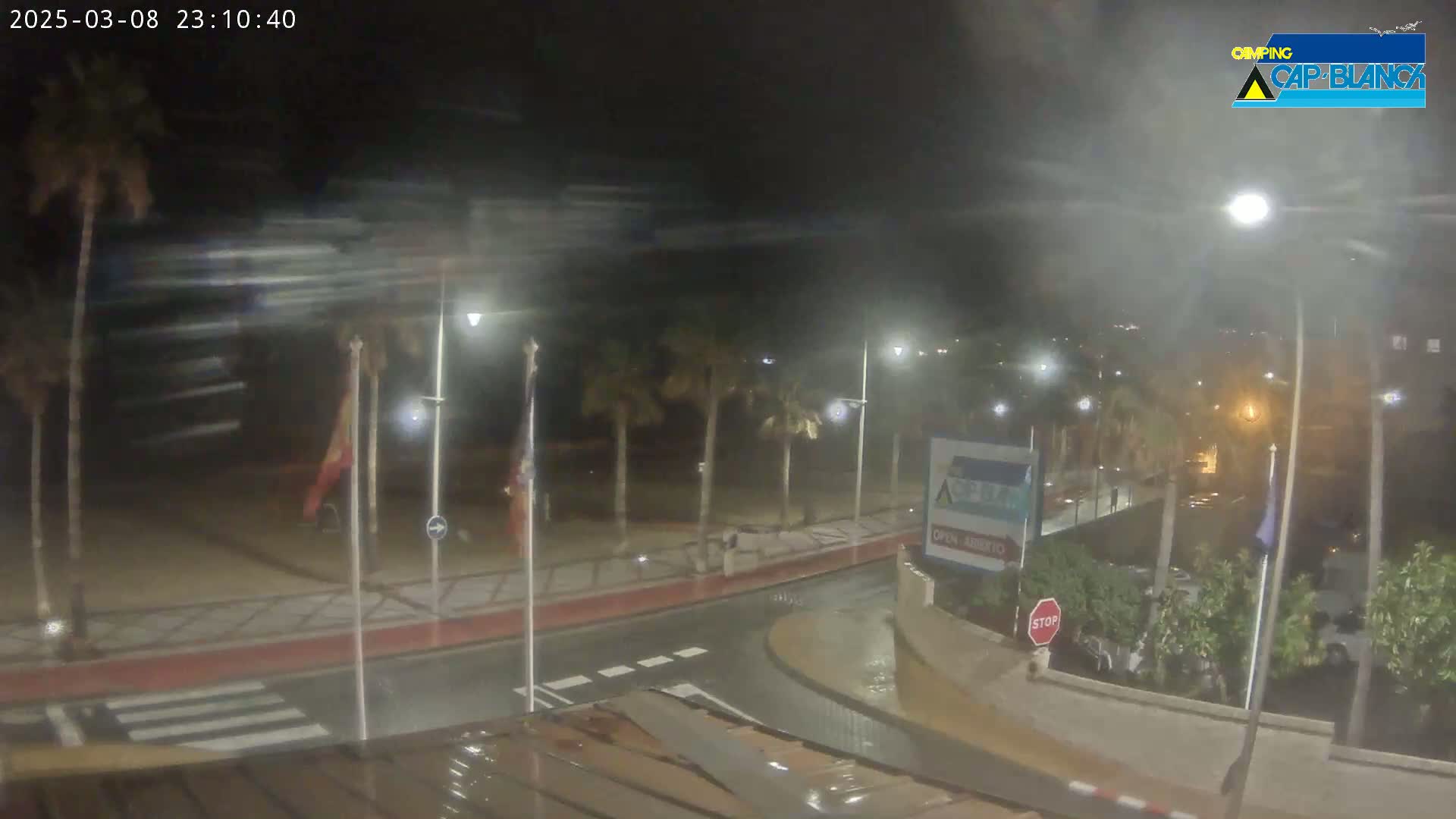 A nighttime, rain-swept scene shows a palm-tree-lined roadway curving around a building with a stop sign, under streetlights.