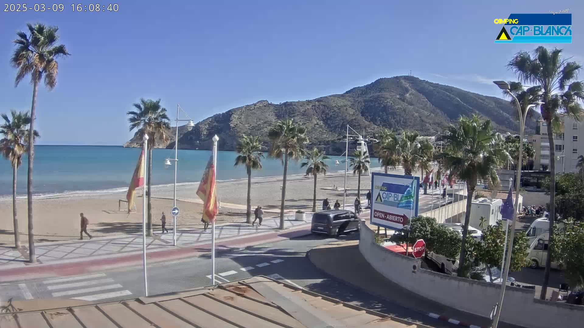 A sunny beach scene shows palm trees lining a sandy beach next to a paved road with a few pedestrians and vehicles, all situated in front of a large hill.