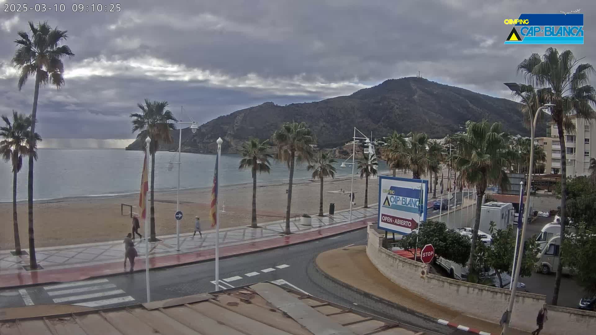 A beach with palm trees and a paved walkway overlooks calm water under a cloudy sky, with a mountain in the background and RVs parked nearby.