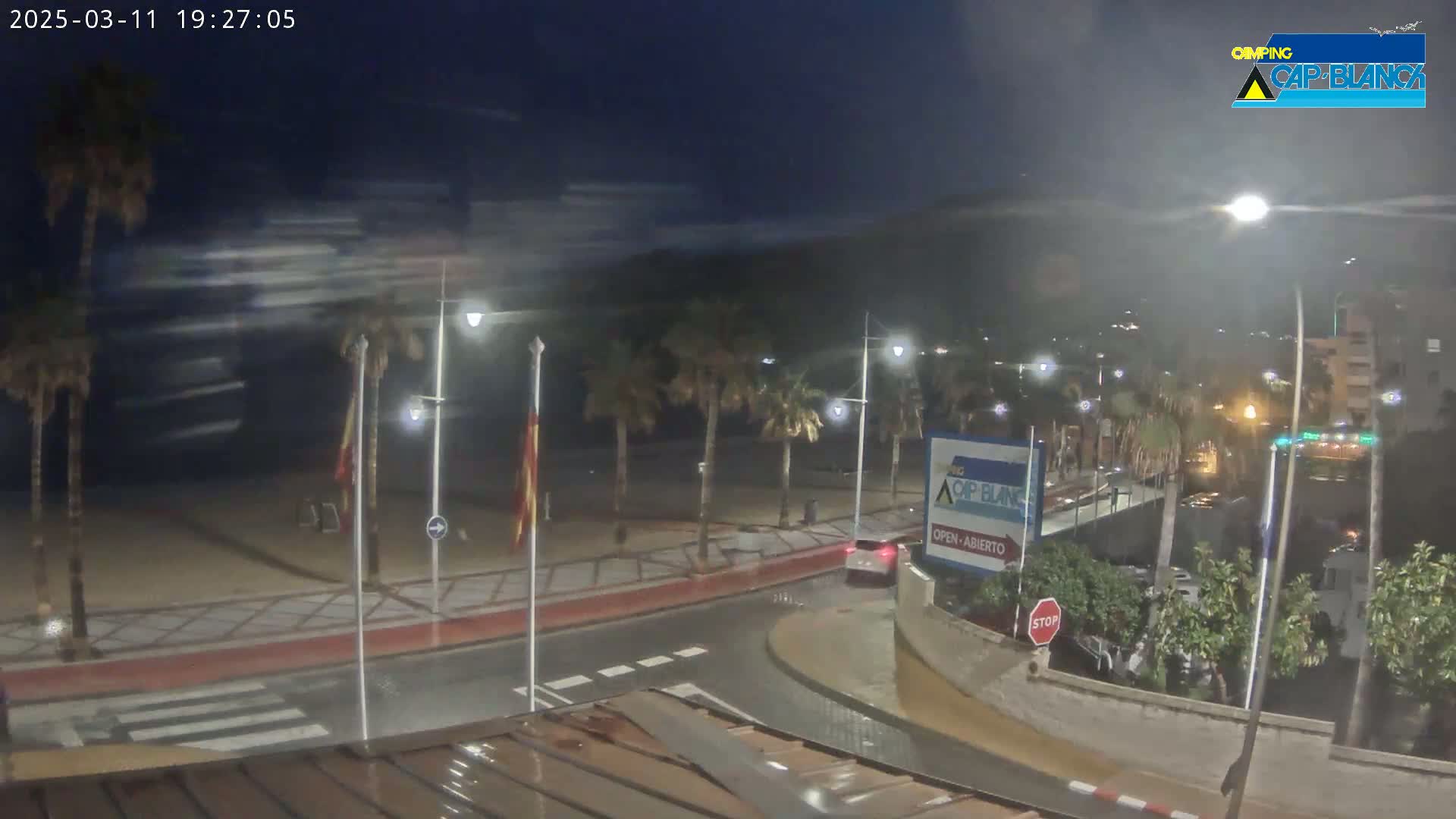 A nighttime view of a rain-slicked beachfront road curving past palm trees under a dark, windy sky.