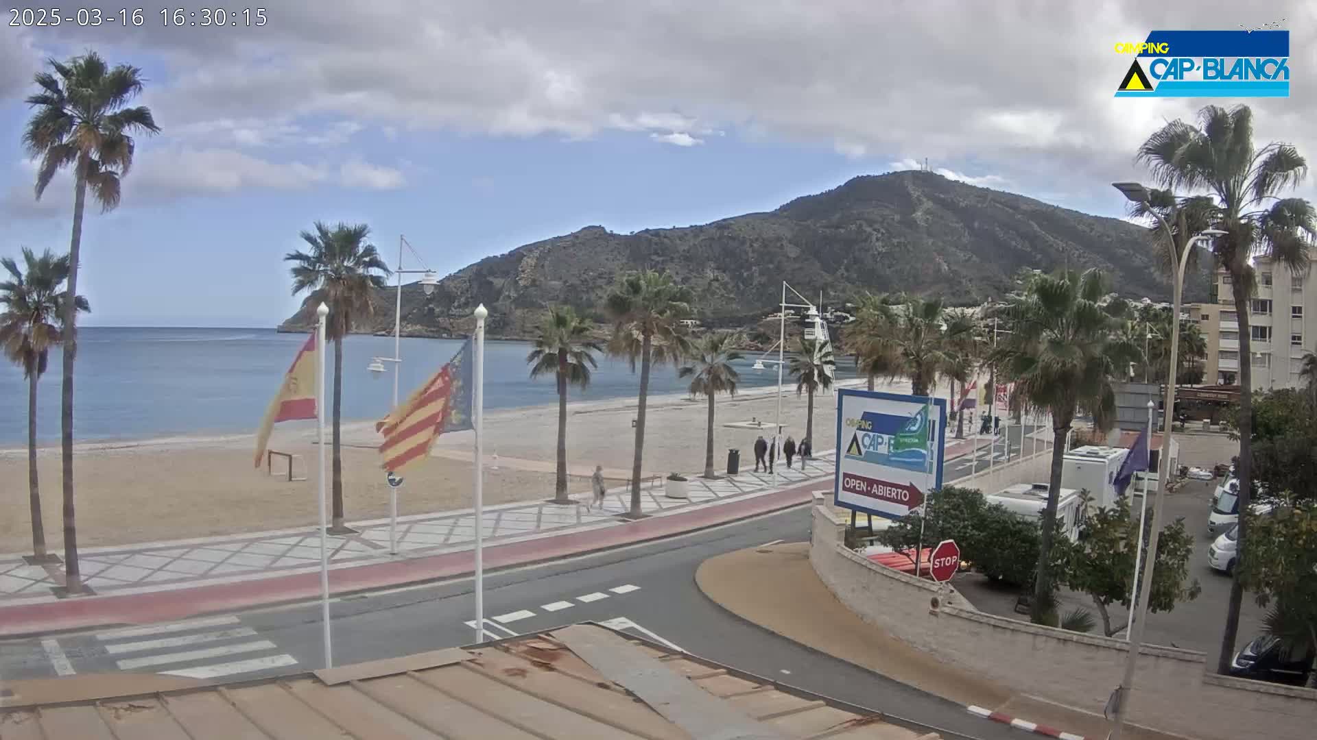 A beach with palm trees, a calm sea, and a mountain in the background under a partly cloudy sky.
