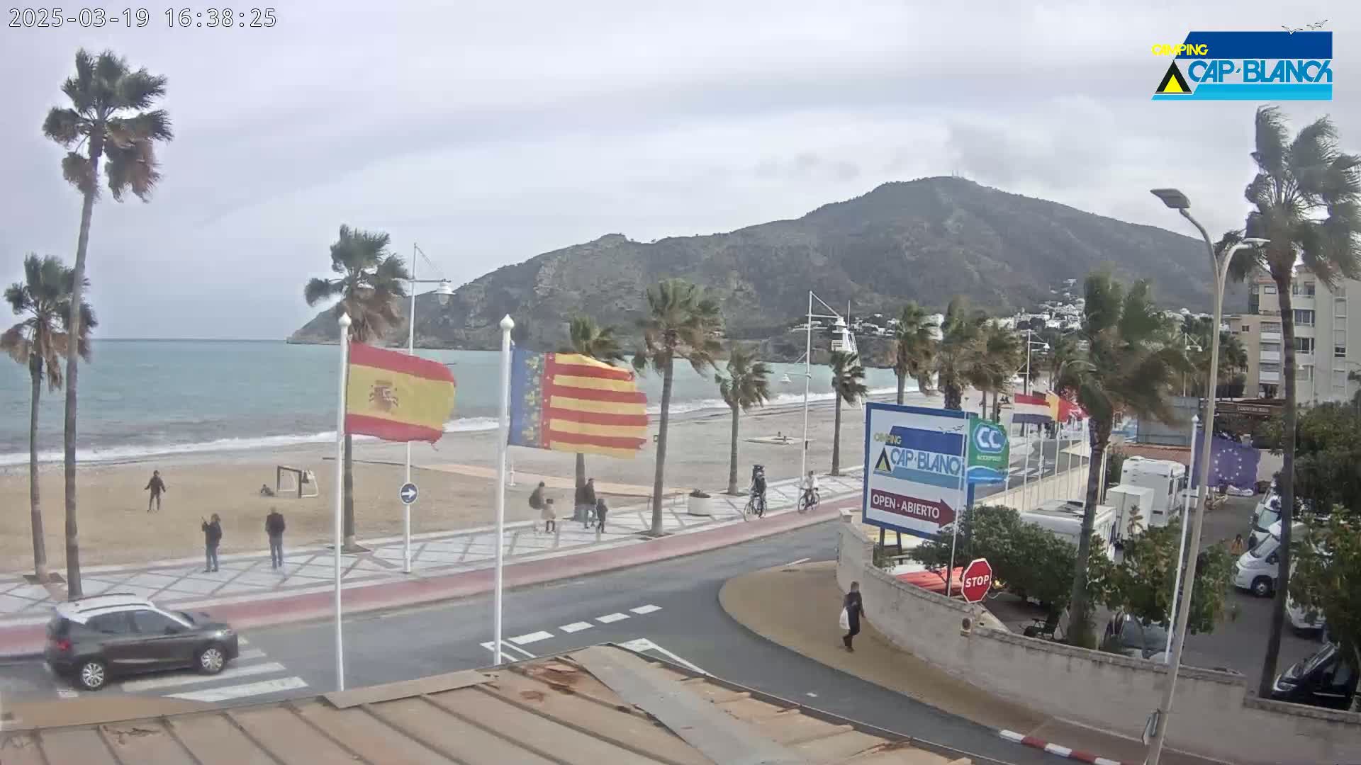 A windy day at a beachside road with palm trees, Spanish flags, and a few people, overlooking a calm sea and a mountain in the background.