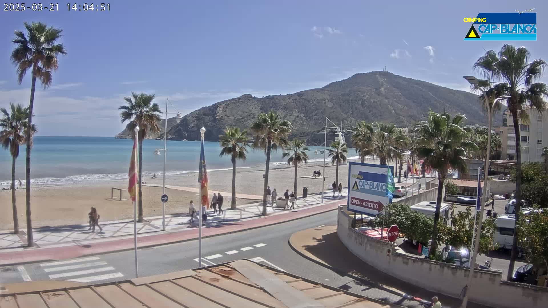 A sandy beach with palm trees and a boardwalk overlooks a calm, blue ocean with a large mountain in the background under a sunny sky.