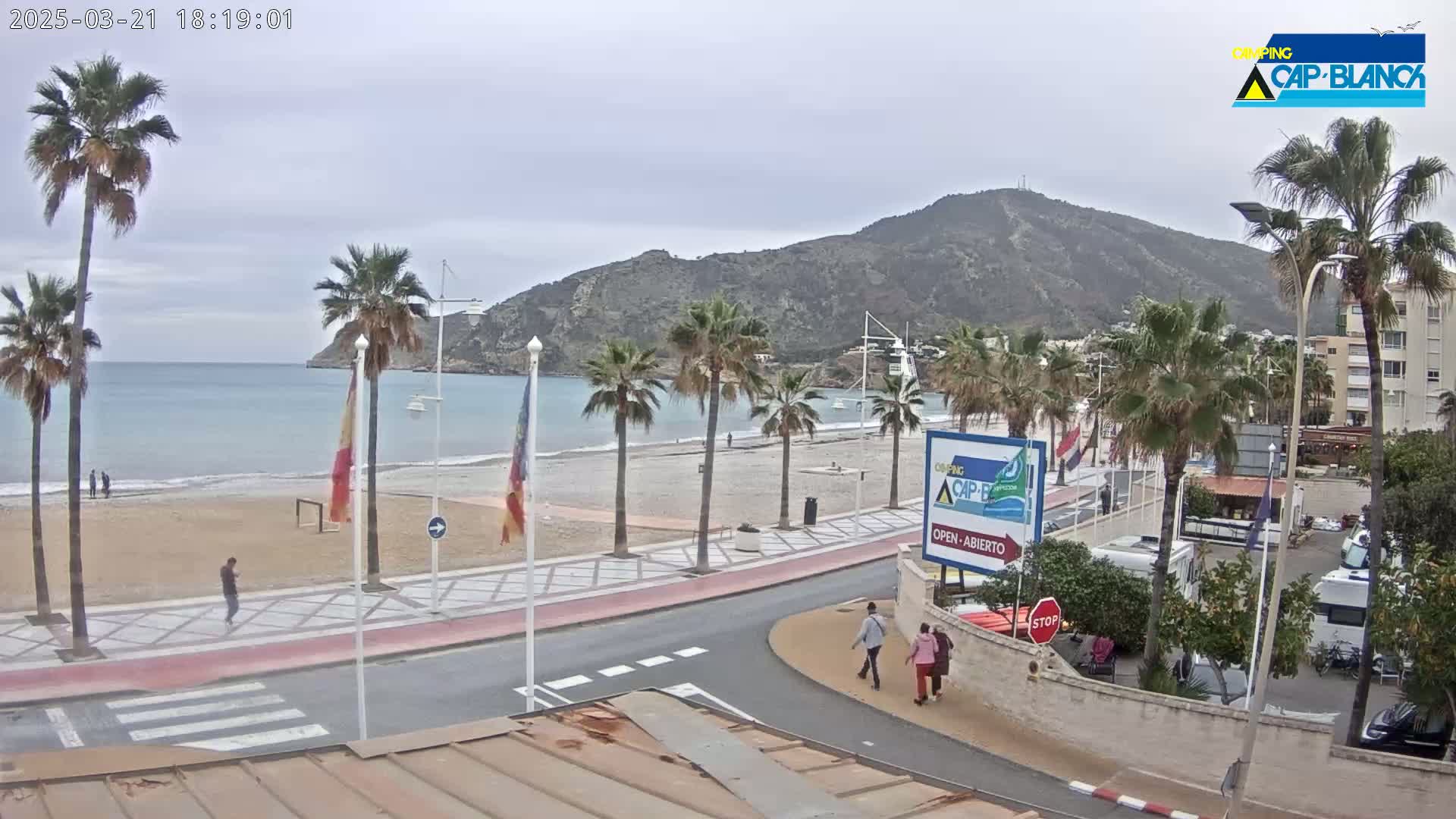 A sandy beach with palm trees and a calm ocean is seen next to a road with people walking, under a cloudy sky and a mountain in the background.