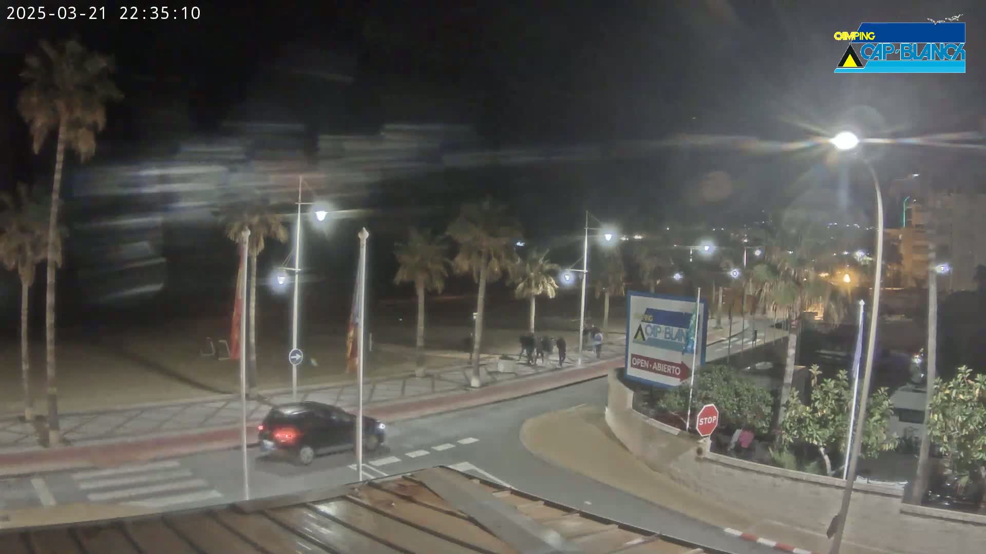 A nighttime, windy scene shows a paved beachfront road with palm trees, a dark-colored car, and several pedestrians.
