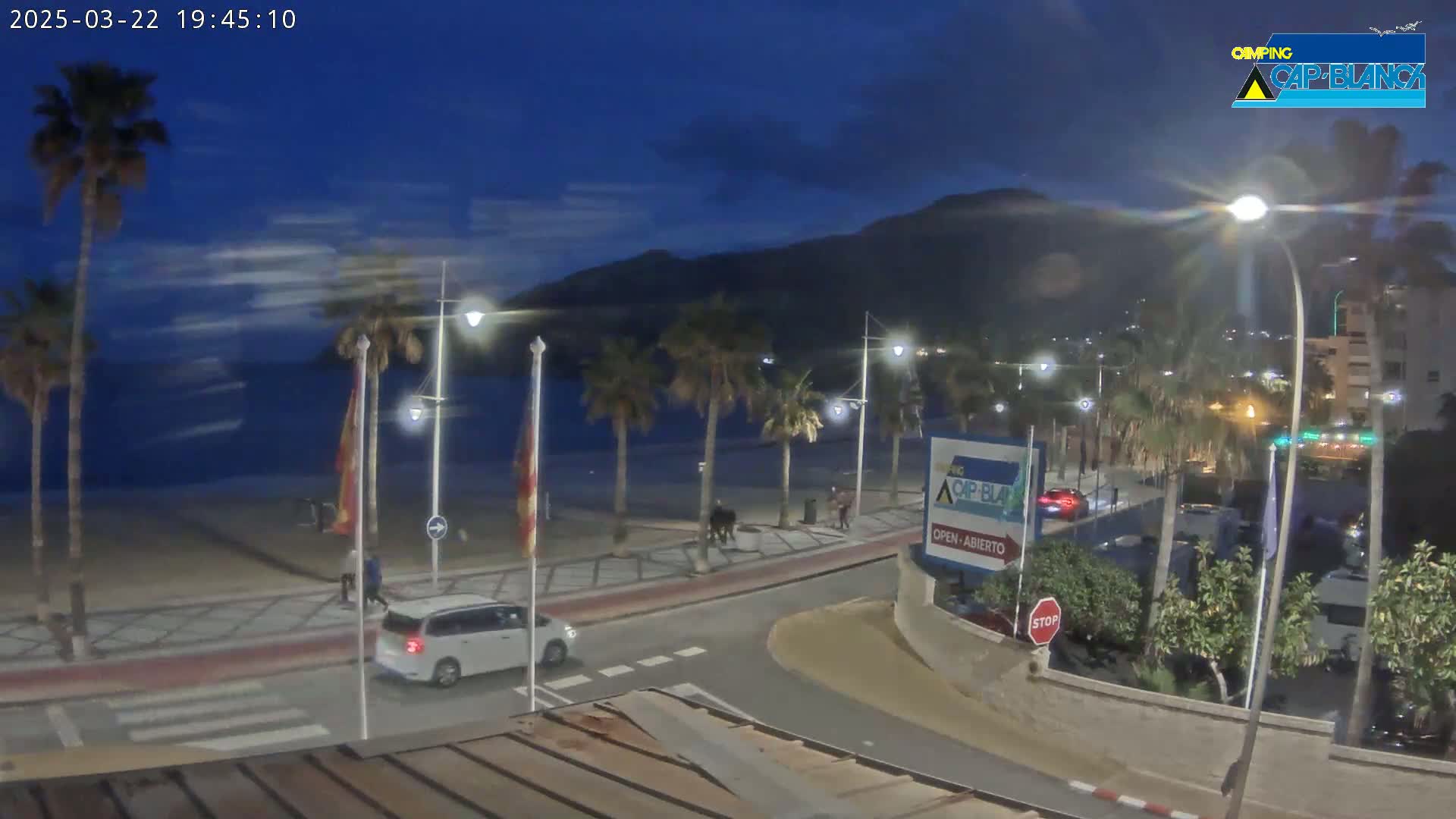 A nighttime view of a beachside road with palm trees, cars, and pedestrians under a twilight sky.