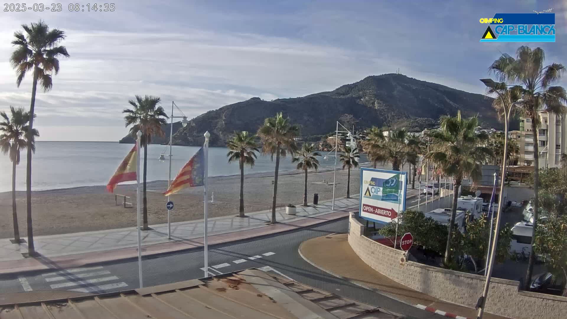 A mostly sunny beach scene shows a calm ocean, sandy beach, palm trees lining a paved walkway, and a mountain in the background.