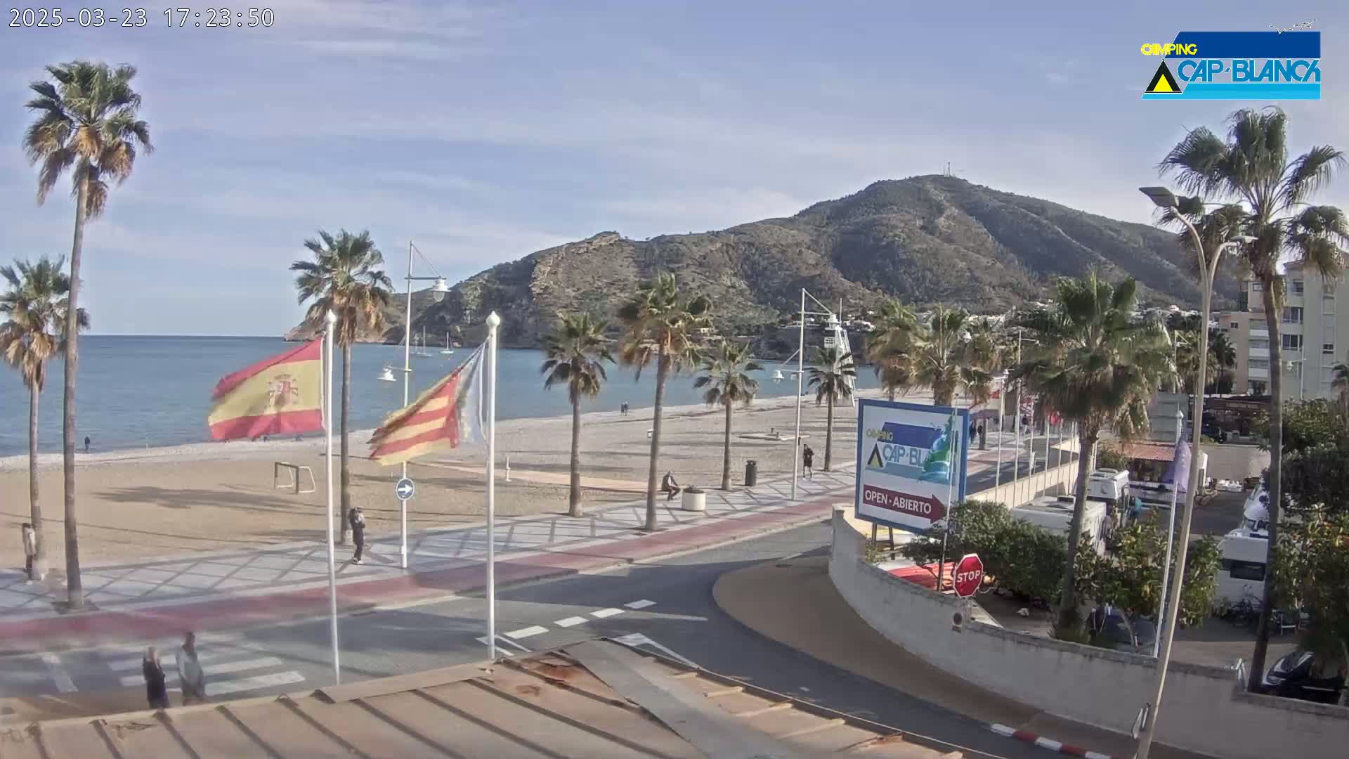 A sandy beach with palm trees lines a paved walkway next to a calm ocean, with a mountain in the background under a mostly clear sky.