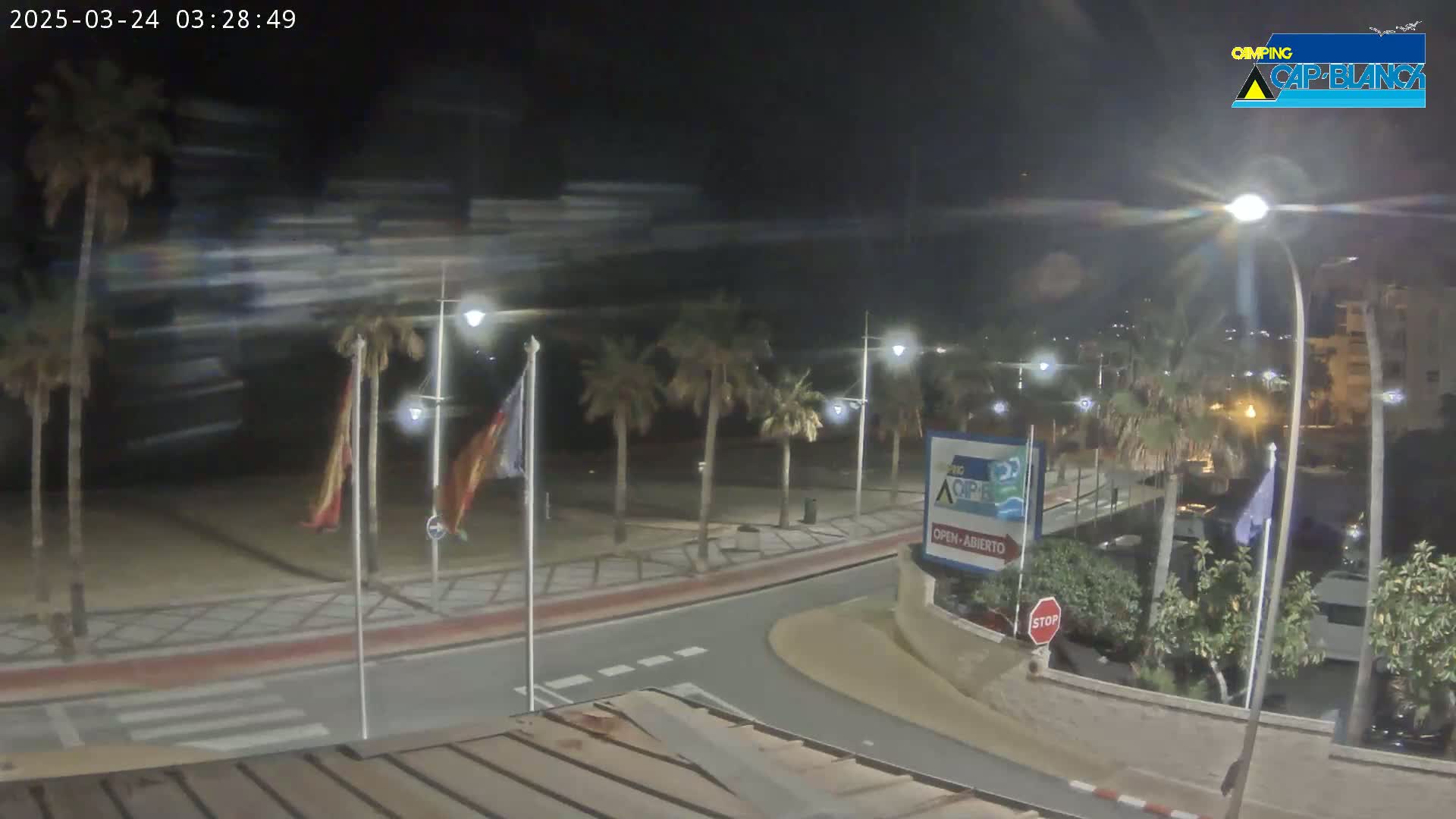 A nighttime, seaside street scene shows palm trees lining a paved road curving toward a building, with a sandy beach visible in the background and light wind causing motion blur.