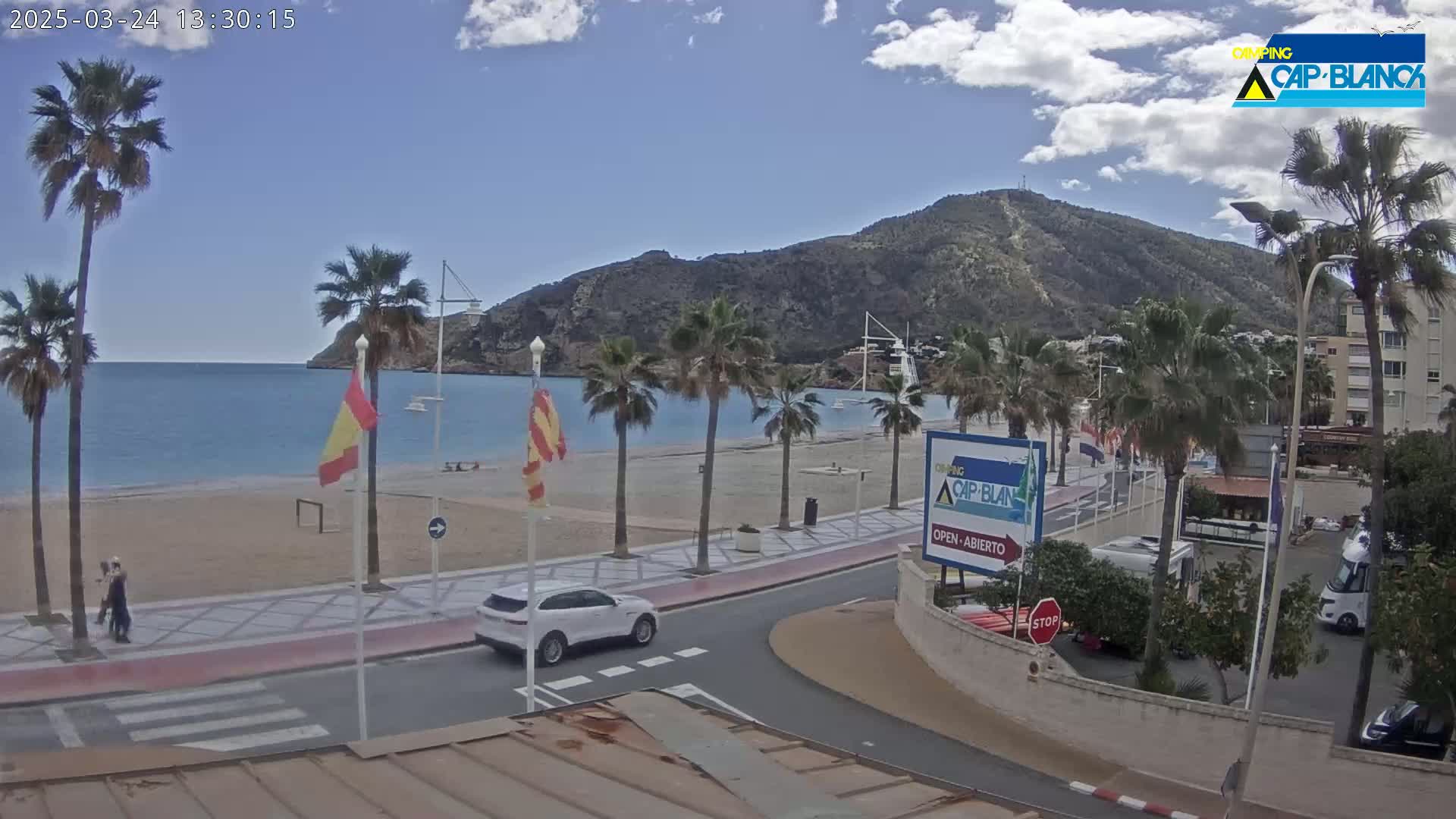 A partly cloudy day reveals a beach scene with palm trees lining a promenade next to a calm sea and a large hill in the background.