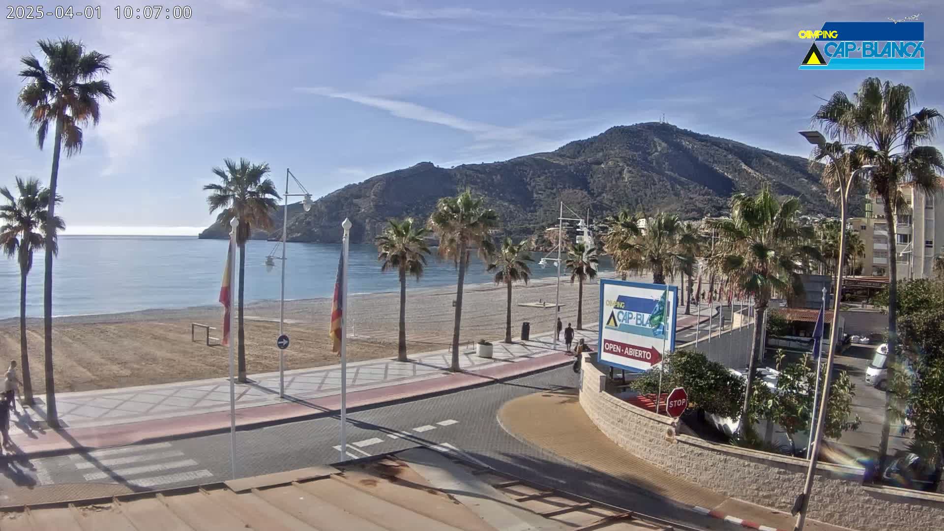 A sunny day at a beach with palm trees lining a paved walkway next to a sandy beach and calm ocean water, with mountains in the background.
