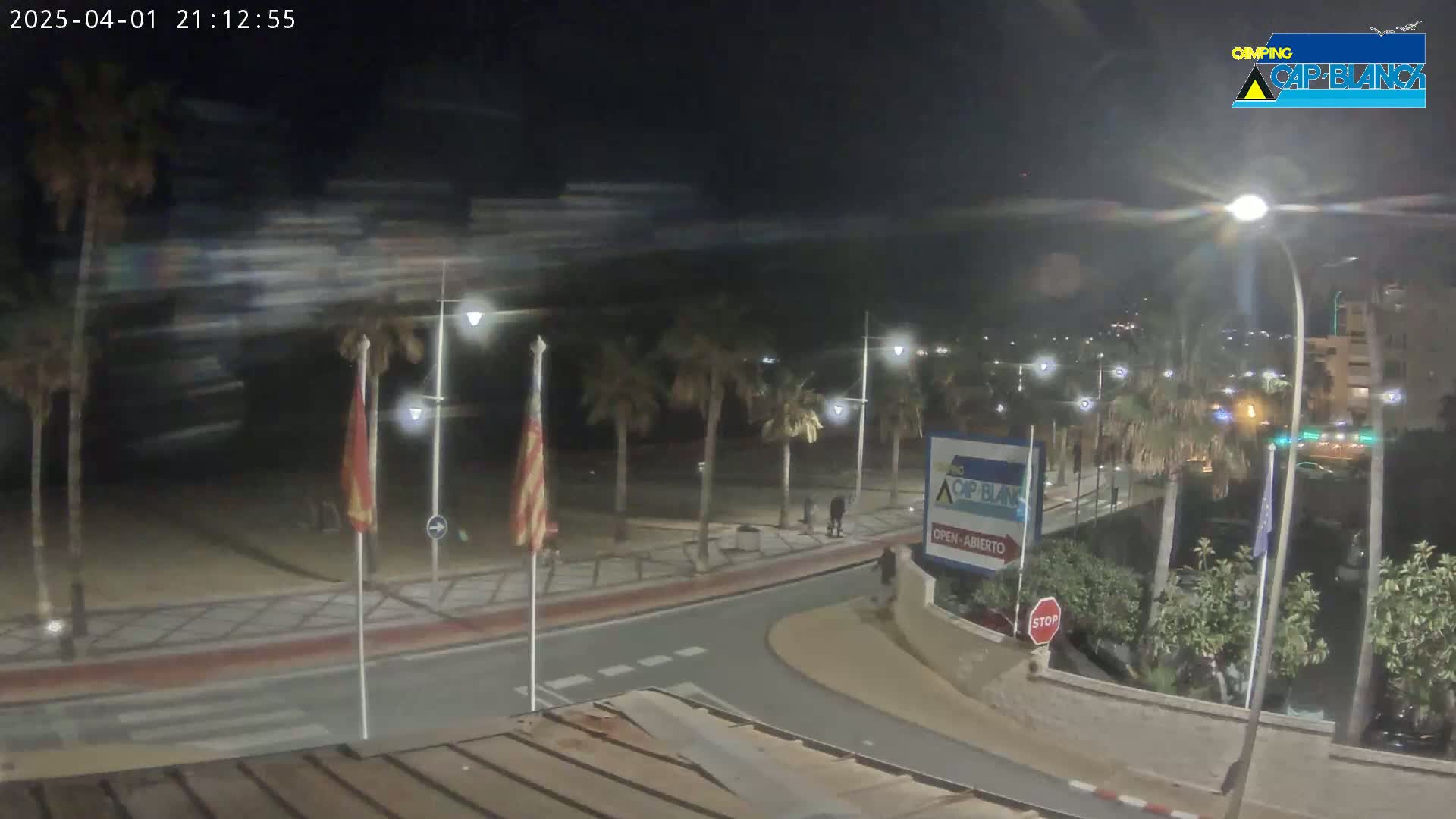 A nighttime, seaside street scene shows a paved road curving past palm trees and a beachfront, with a few pedestrians visible under artificial light.
