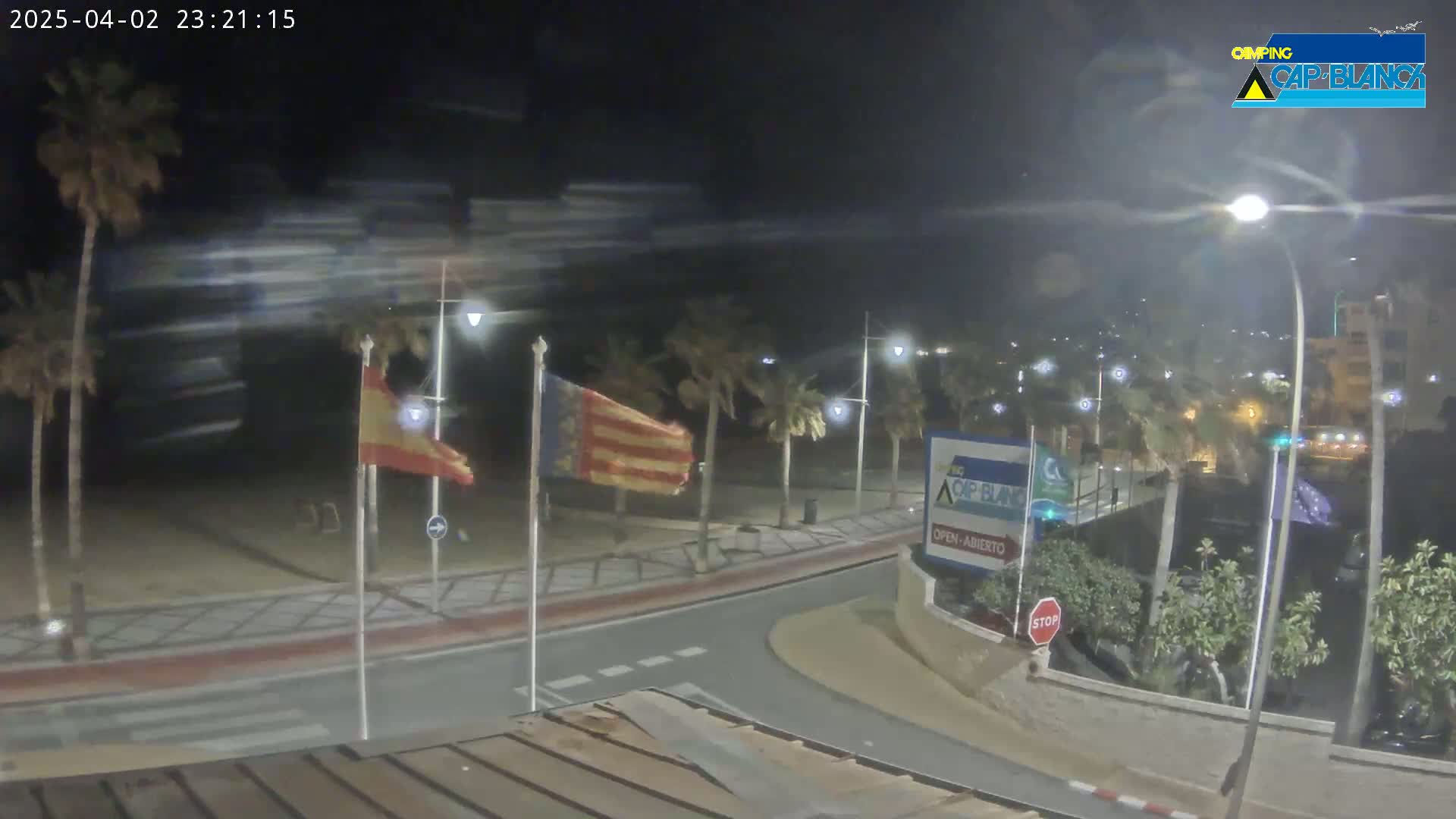 A nighttime, windy scene shows a beachside road with palm trees, flags blowing strongly, and streetlights illuminating a mostly empty paved area.