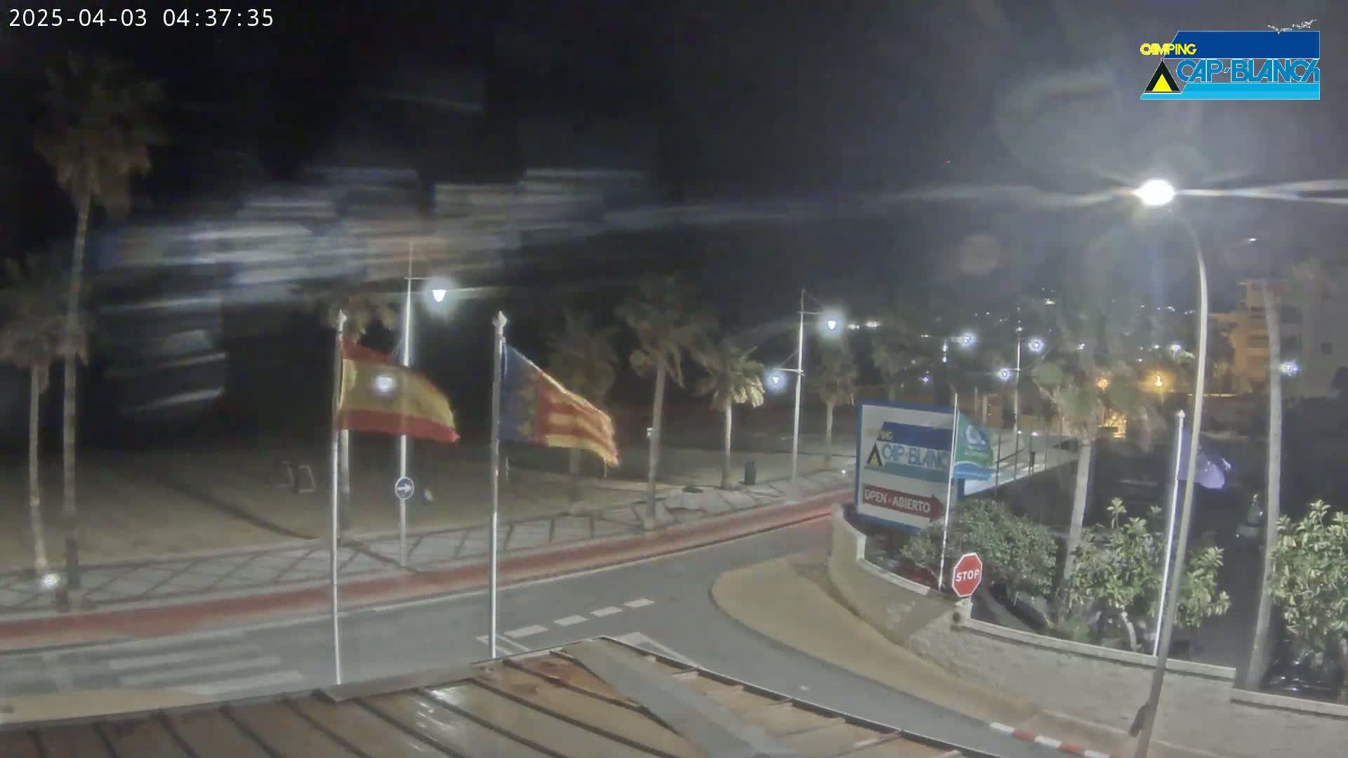 A nighttime, windy scene shows a street curving around a building with palm trees lining a sidewalk near a beach.