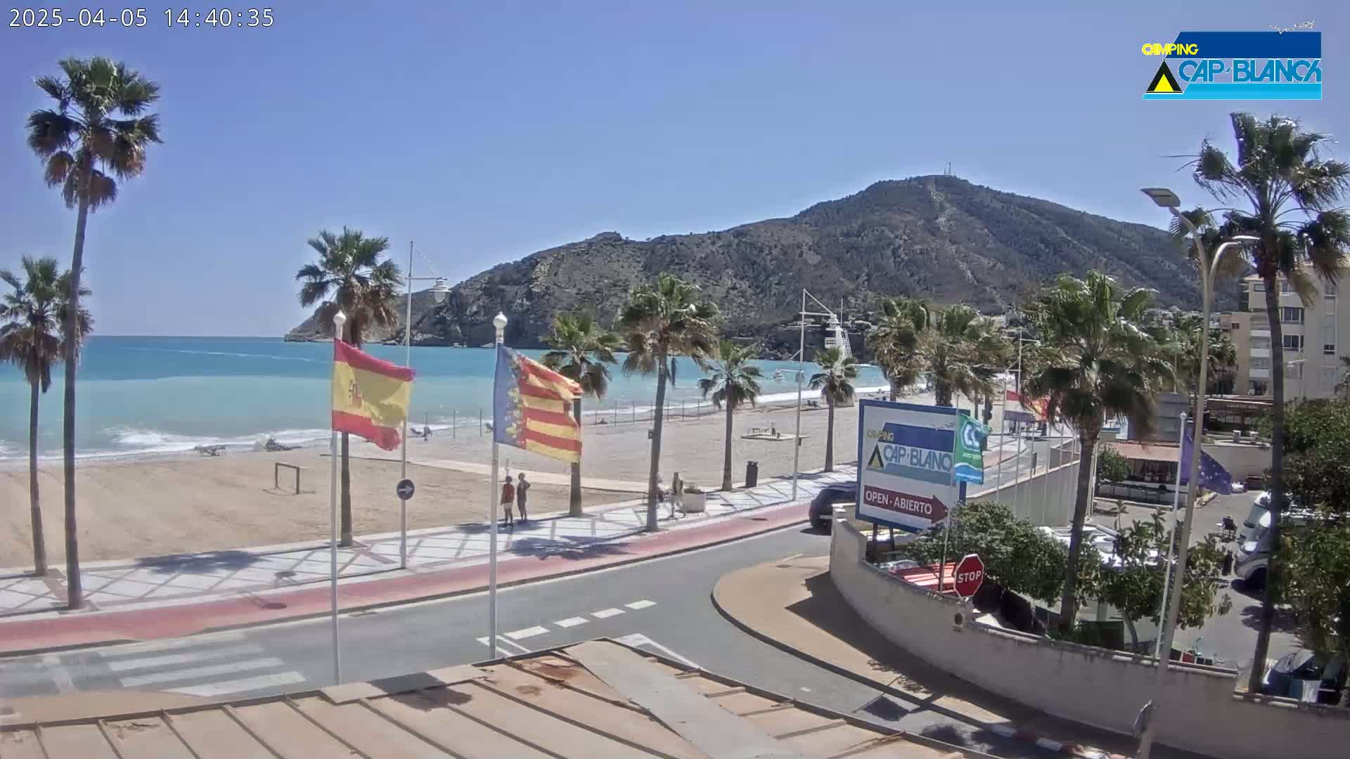 A sunny beach scene shows a sandy beach with calm turquoise water, palm trees lining a paved walkway next to a road, and a mountain in the background.