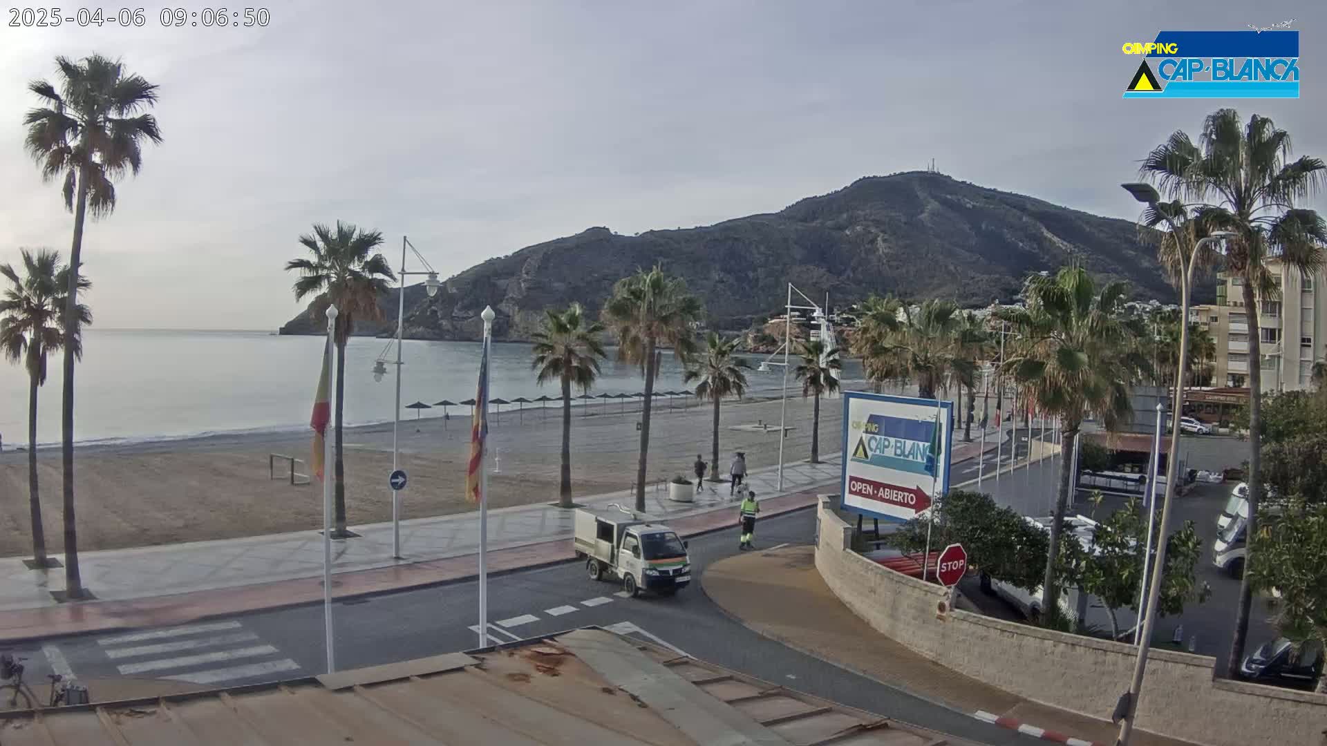 A sandy beach with palm trees lines a paved road next to a calm ocean under an overcast sky, with a large hill in the background.