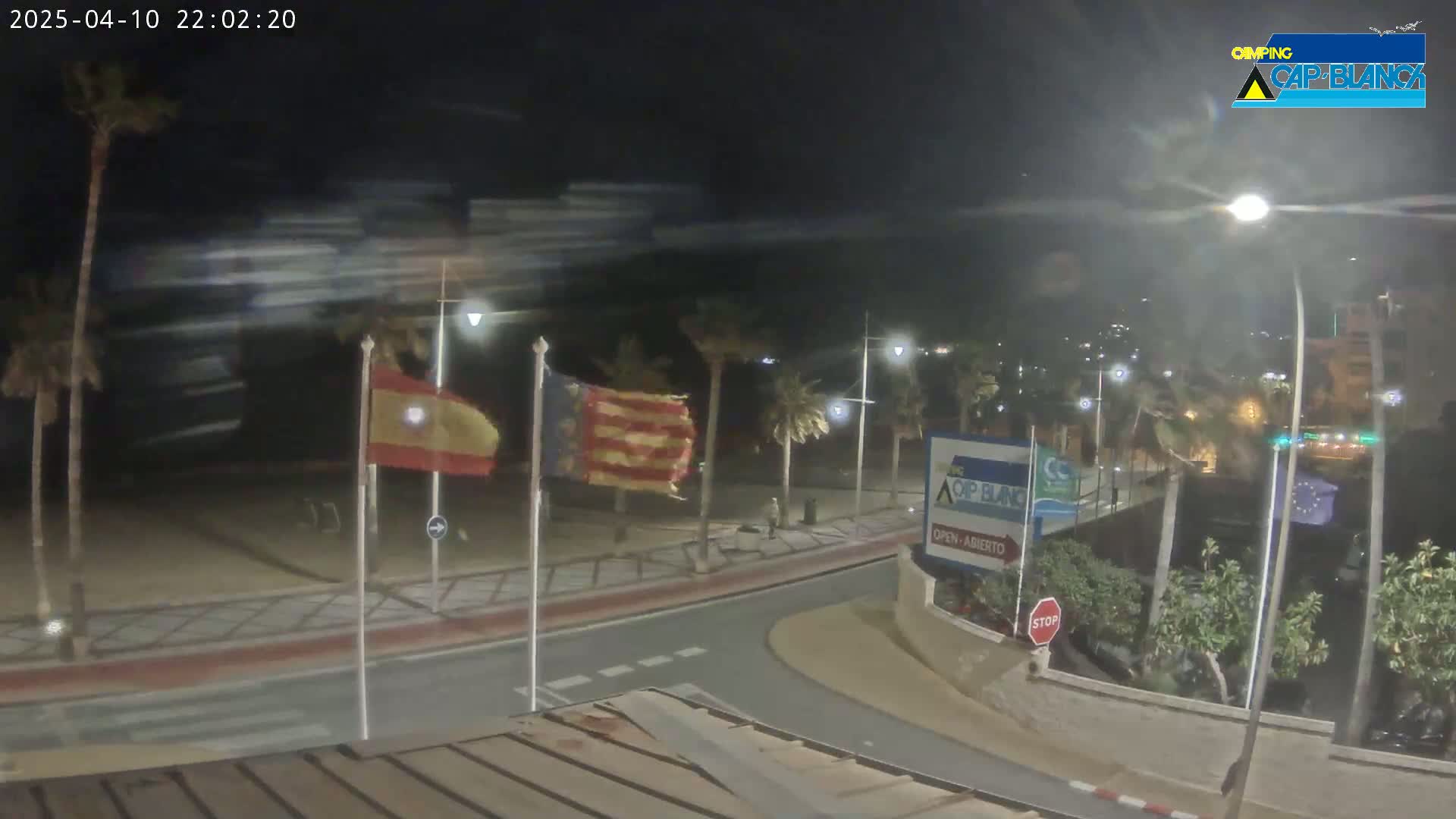 A nighttime, windy scene shows a beachside road with palm trees, flags waving, and streetlights illuminating the area.
