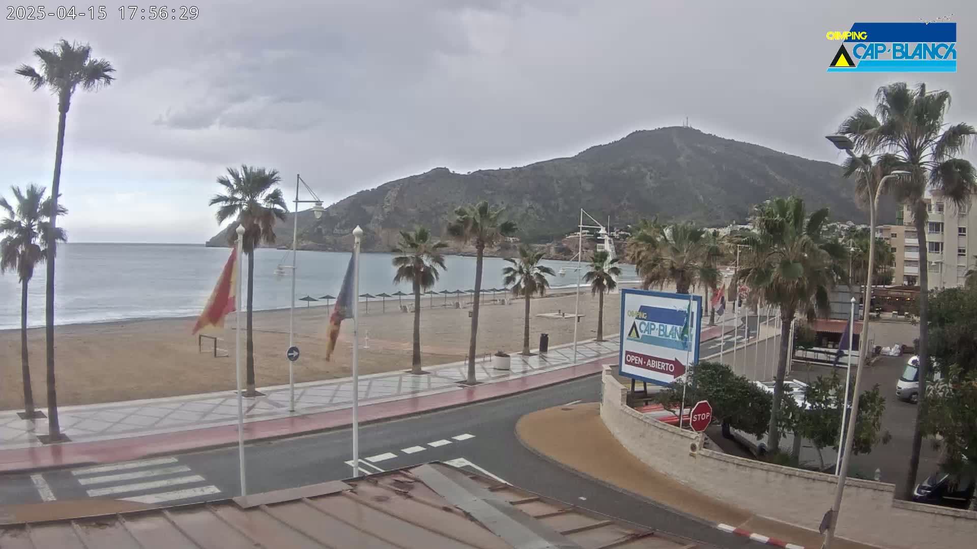 A sandy beach with palm trees lining a paved walkway next to a calm sea, under an overcast sky, and backed by a mountain.
