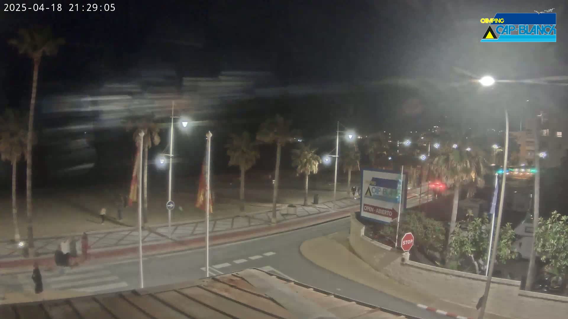 A nighttime, windy scene shows a paved beachfront road curving past palm trees, with a few pedestrians walking near the beach.
