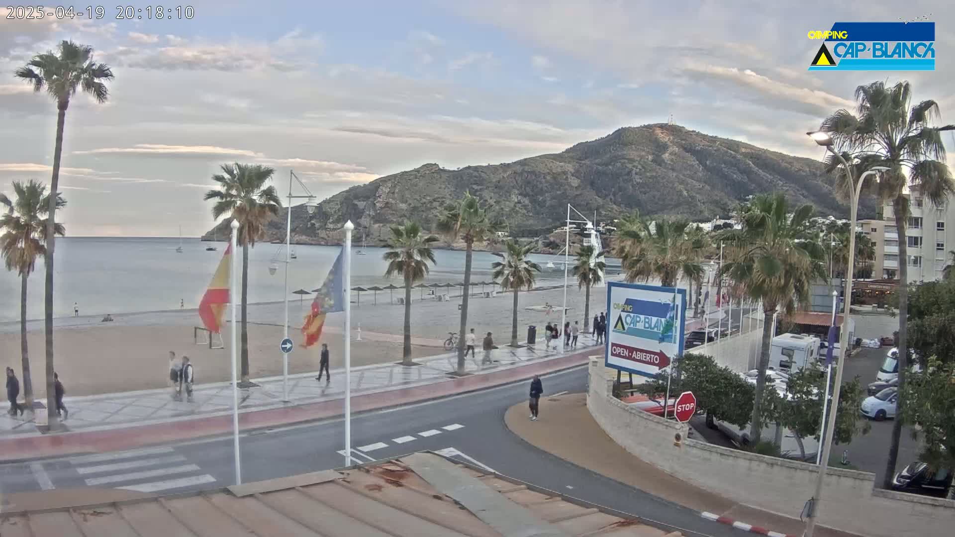 A sandy beach with palm trees, a calm sea, and a mountain in the background under a partly cloudy sky.