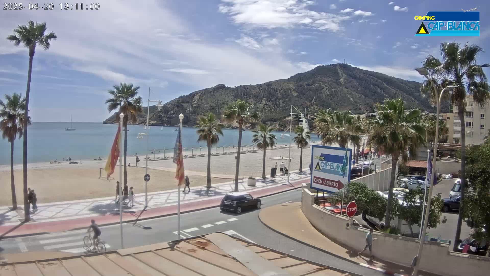 A sandy beach with palm trees and a calm blue sea under a partly cloudy sky is viewed from a seaside road next to a parking lot and buildings.