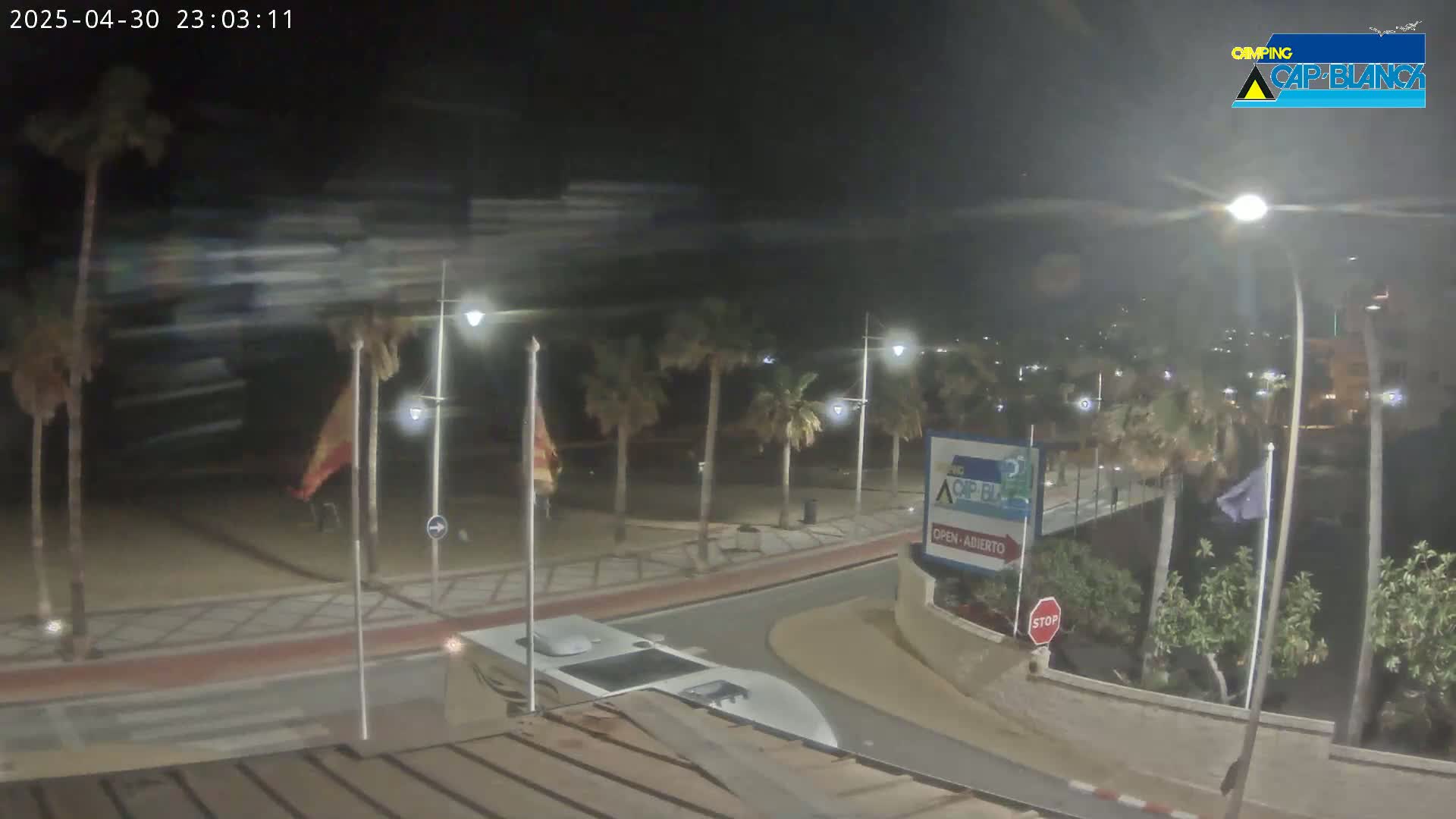 A nighttime, windy scene shows a beachfront road curving toward a building, palm trees lining the road, and a sandy beach in the background.