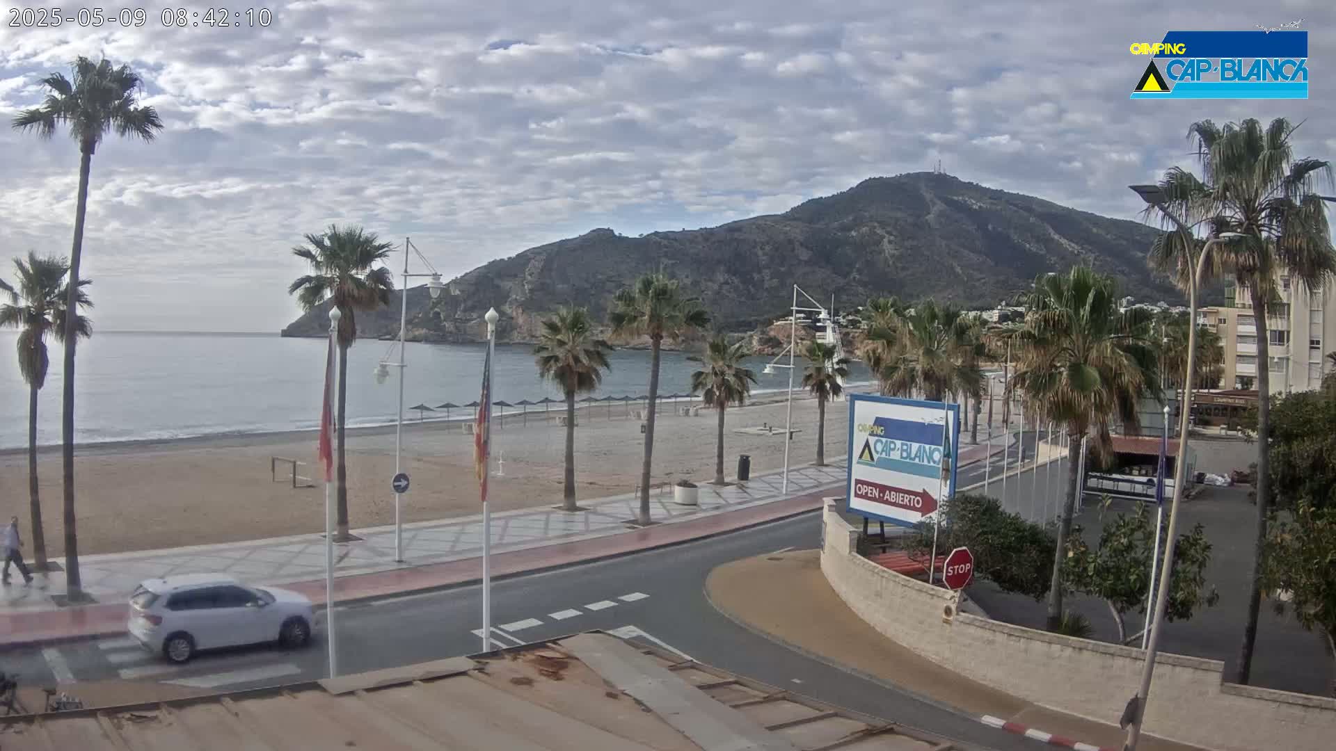 A mostly cloudy day shows a sandy beach with palm trees lining a paved road curving around a bay, with a mountain in the background.