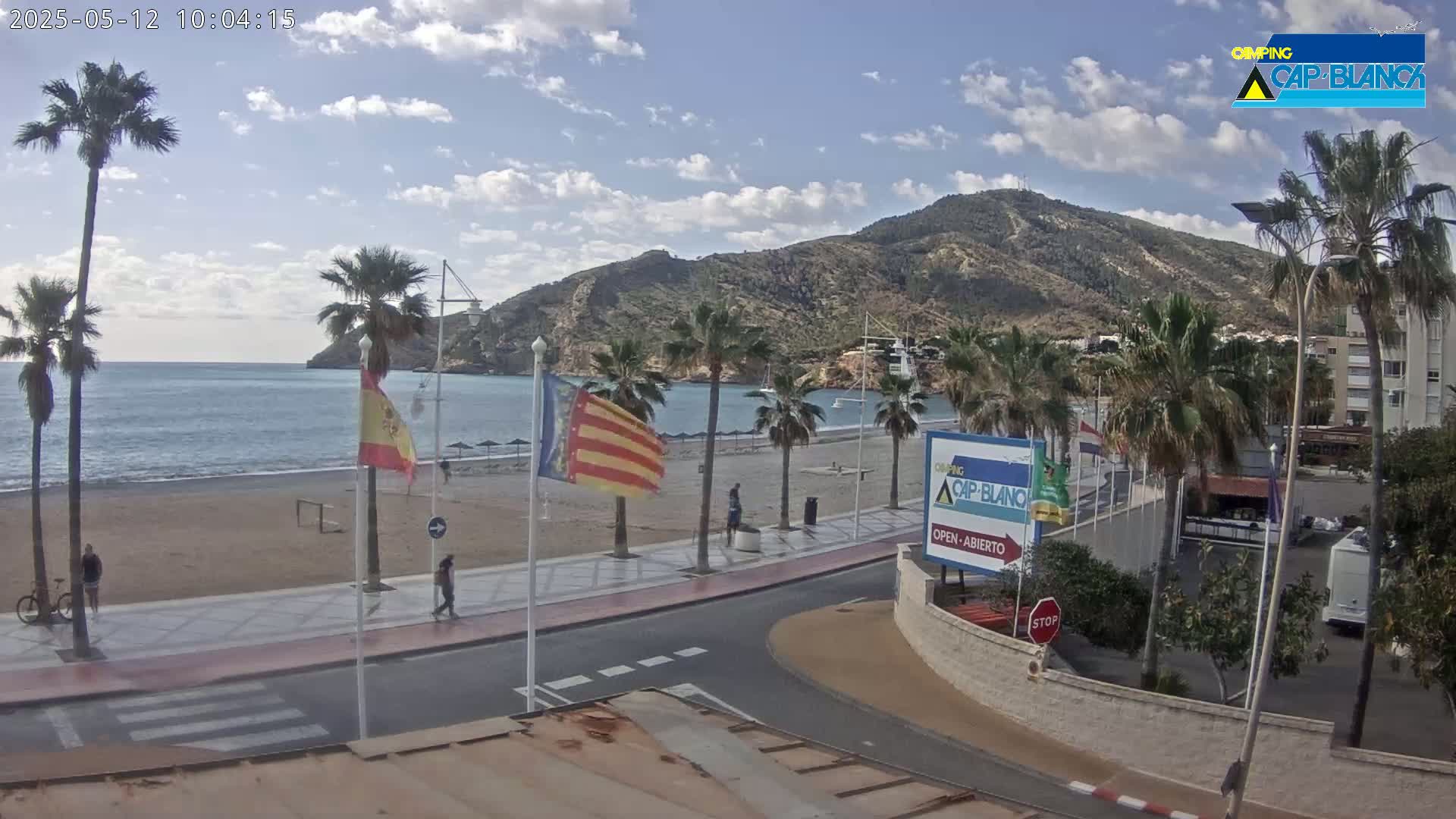 A sandy beach with palm trees lines a paved walkway beside a calm sea, with a large hill in the background under partly cloudy skies.
