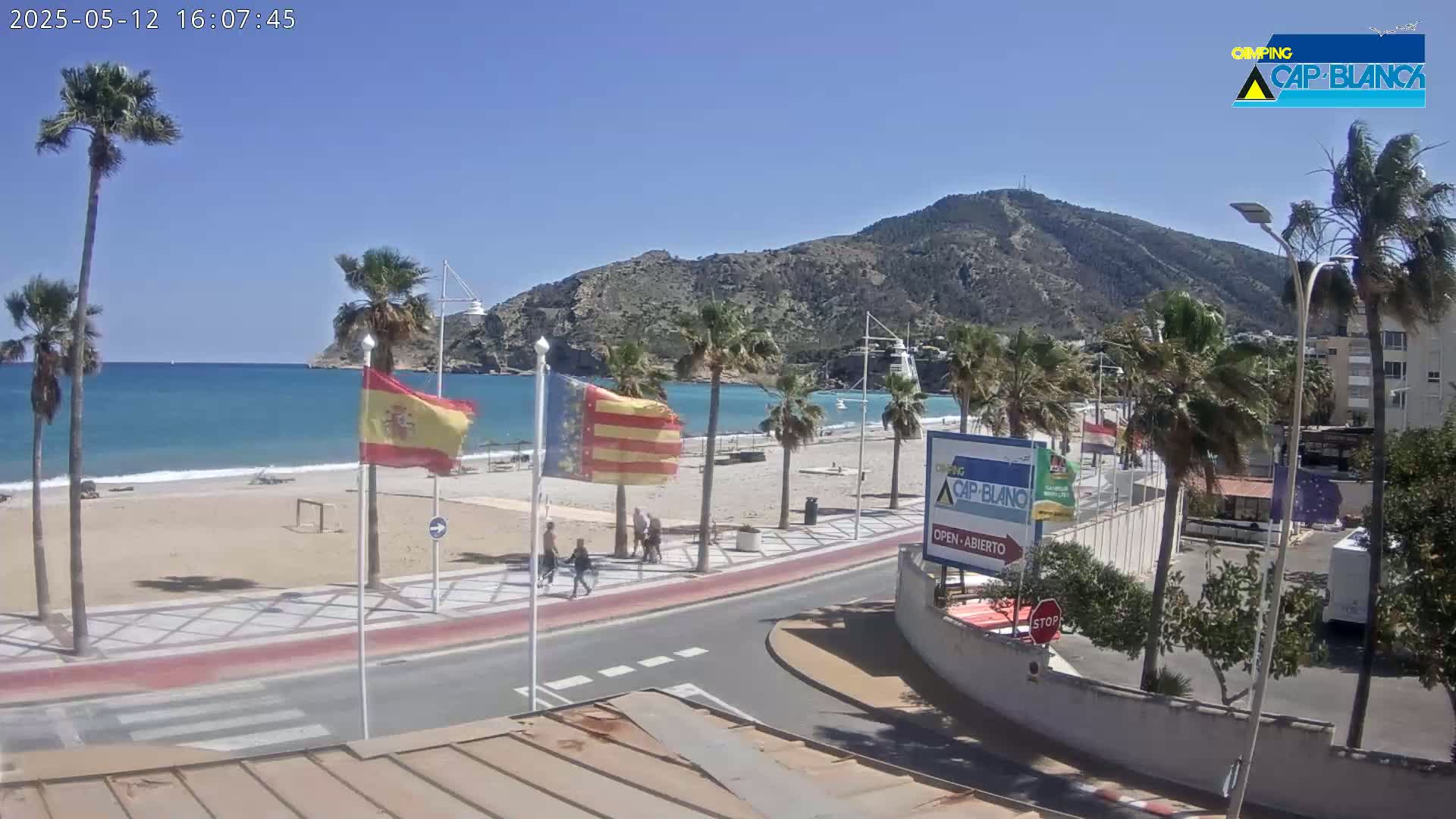 A sandy beach with palm trees and a calm blue sea is visible beneath a clear blue sky, with a mountain range in the background.