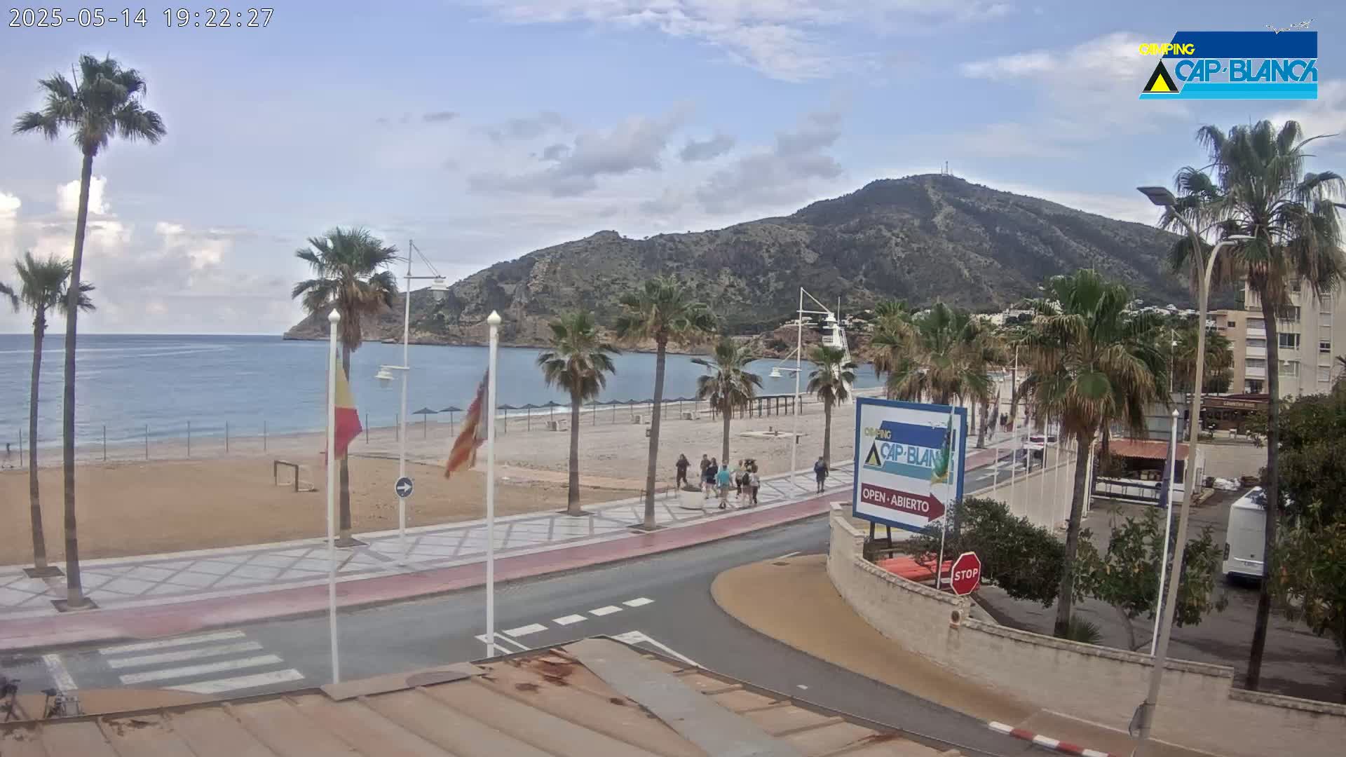 A sandy beach with palm trees and a few people walking along a paved walkway, next to a calm ocean with a mountain in the background under a partly cloudy sky.