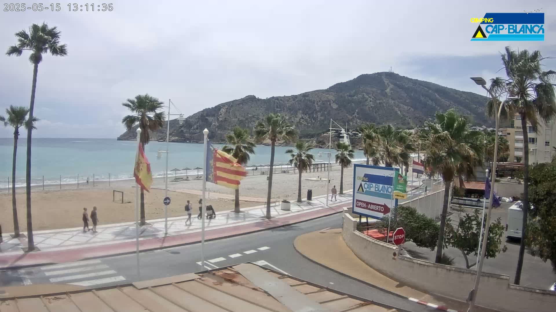 A sandy beach with calm ocean water is visible under a partly cloudy sky, with palm trees lining a paved walkway near buildings and a mountain in the background.