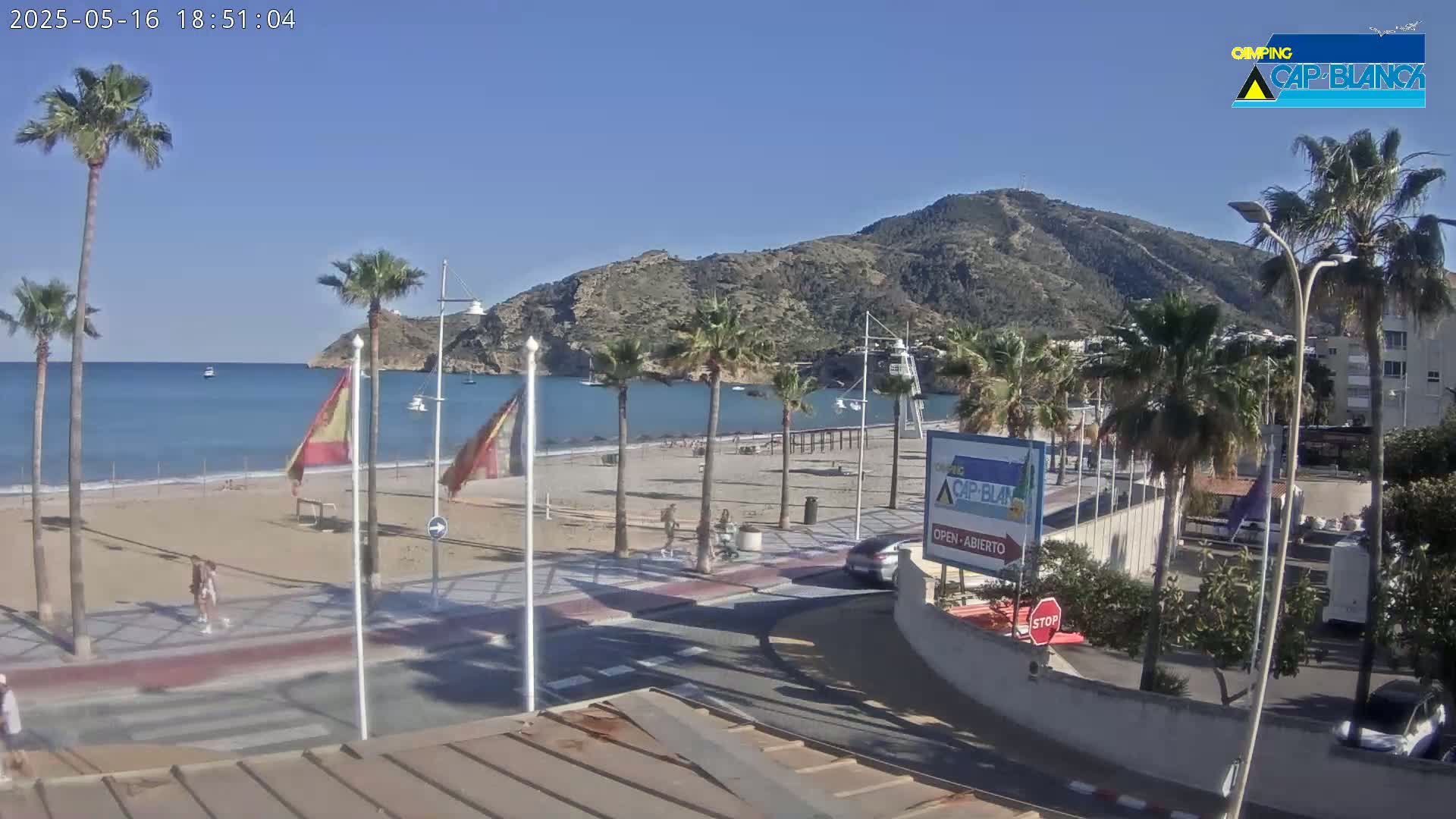 A sandy beach with palm trees and a few people is situated next to a road in front of a mountain range under a clear blue sky.