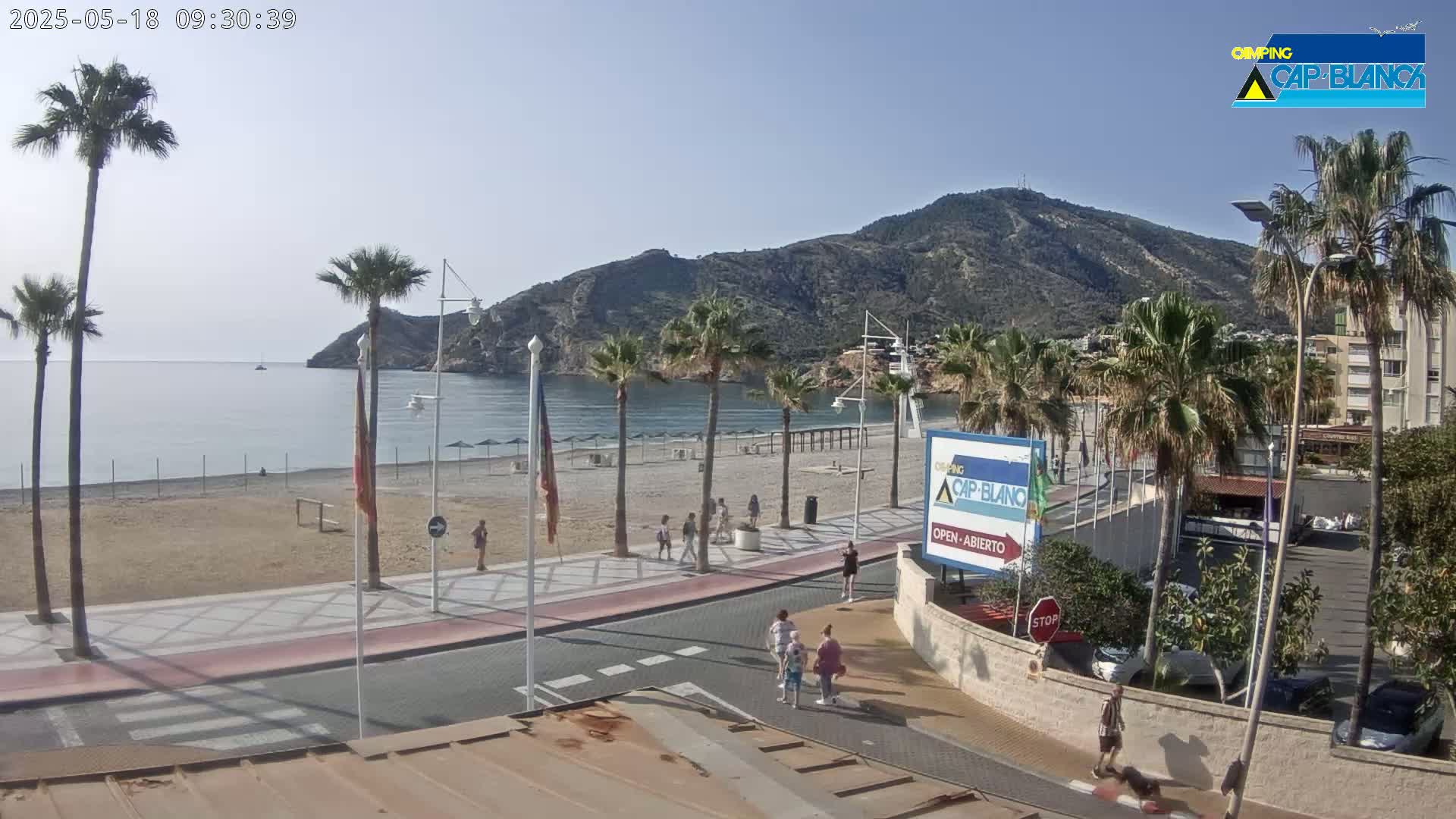 A sunny beach scene shows a sandy beach, palm trees, a calm sea, a mountain in the background, and several people walking along the promenade.