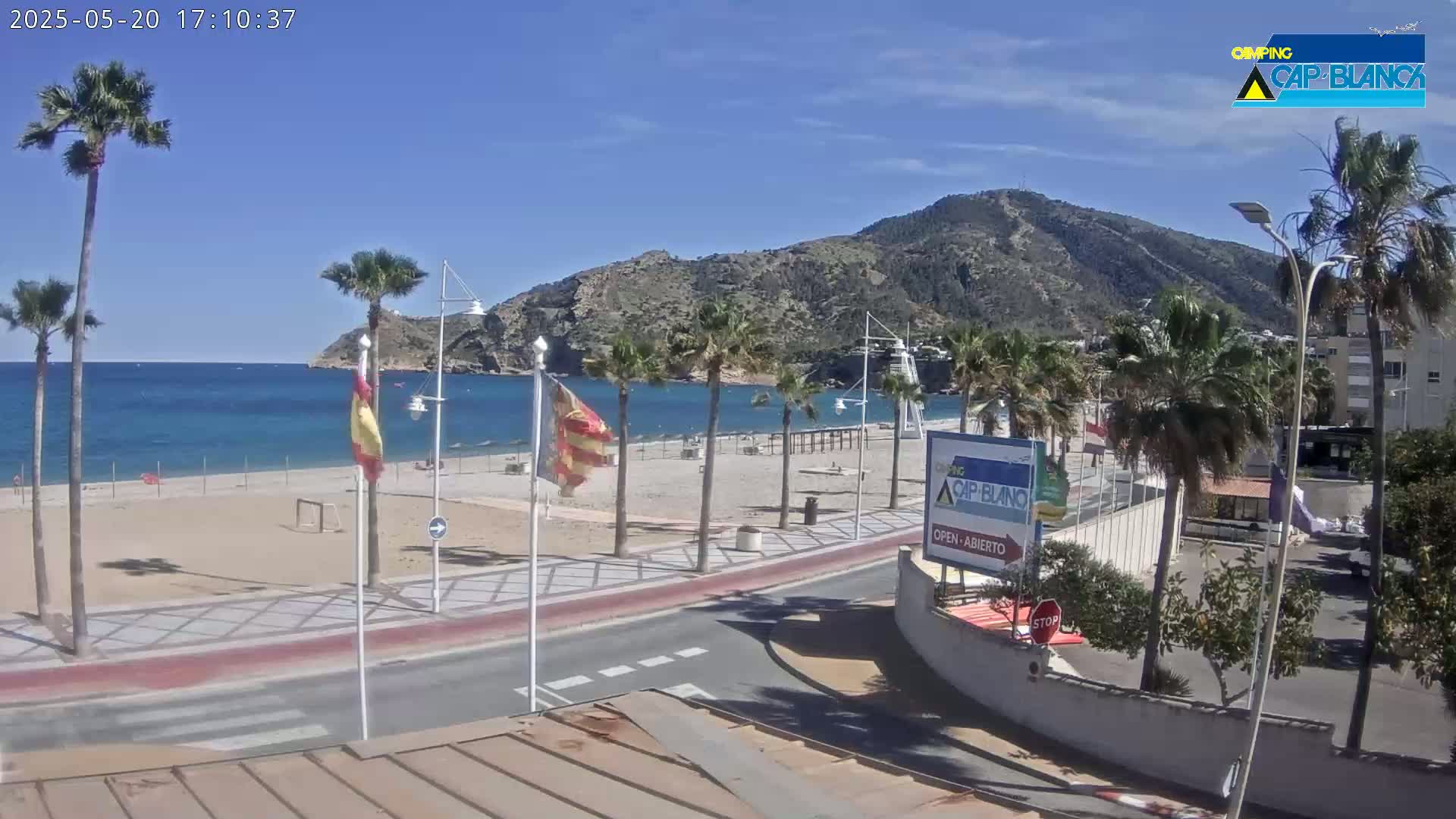 A sandy beach with palm trees and a calm blue sea stretches below a mountain range under a clear blue sky.