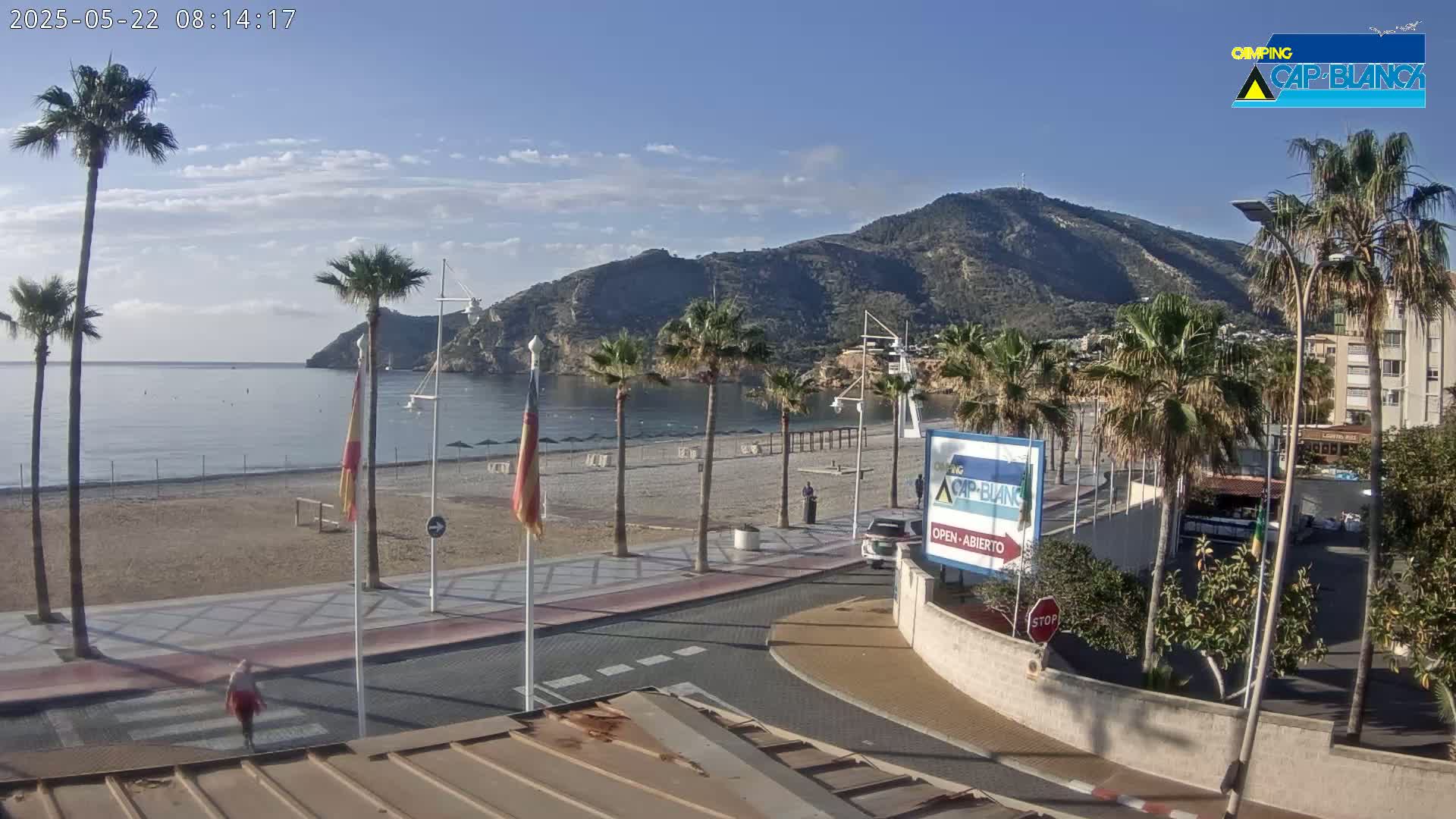 A mostly sunny day at a beachside town shows palm trees lining a paved walkway next to a sandy beach, with a calm ocean and mountains in the background.