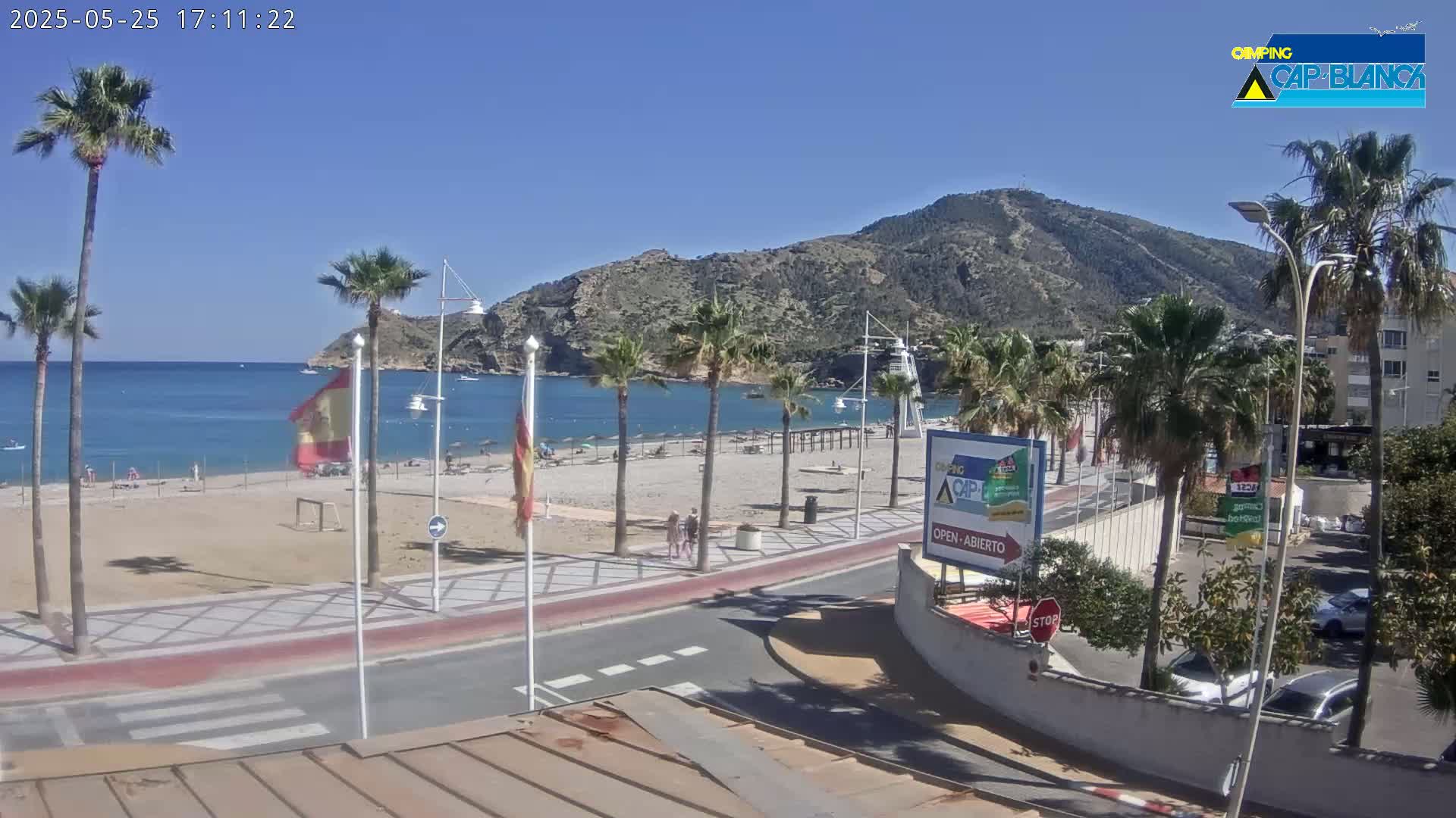 A sunny beach scene shows a sandy shore with palm trees, a calm ocean, and mountains in the background.